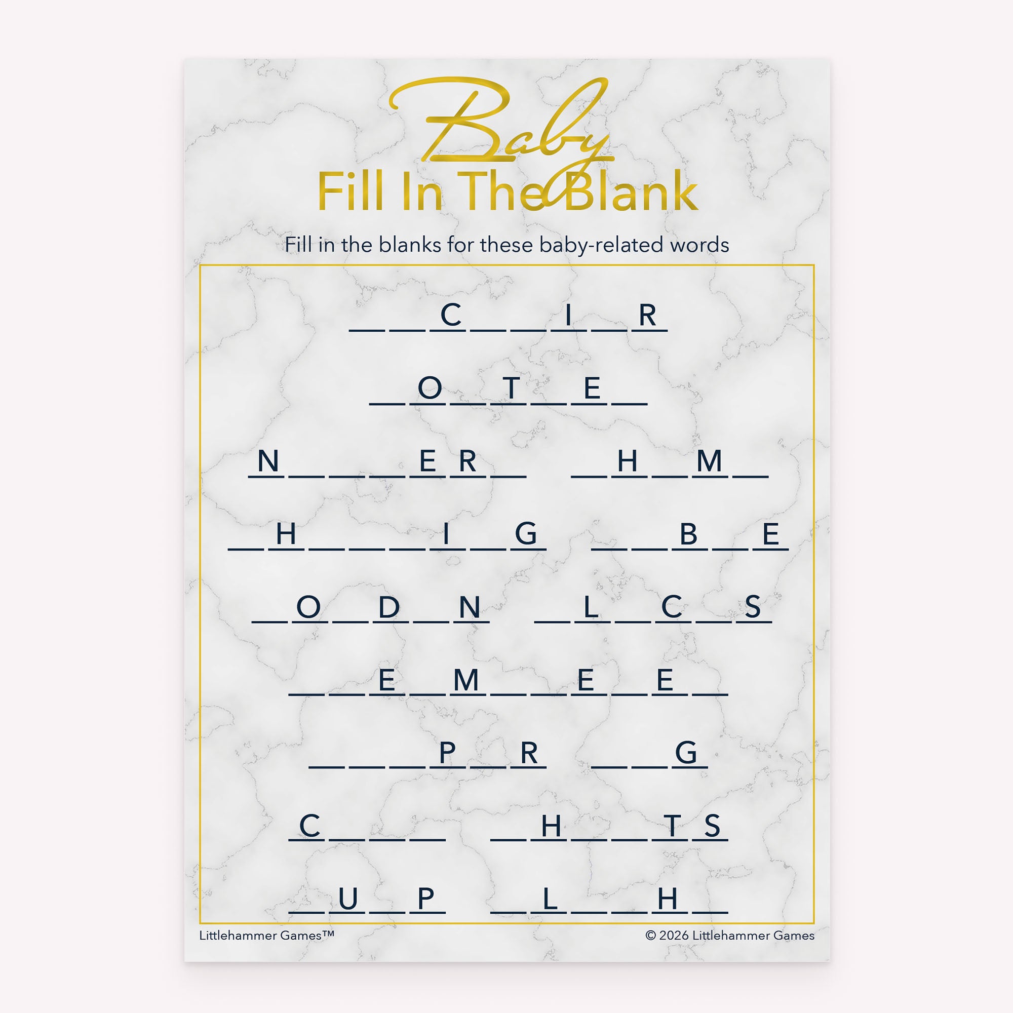Gold and marble themed Baby Fill in the Blank printable baby shower game card
