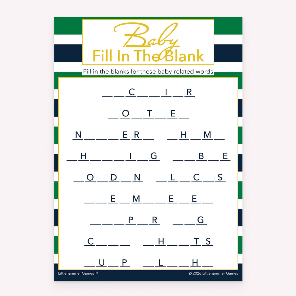 Baby Fill in the Blank baby shower printable activity card in green and navy stripes