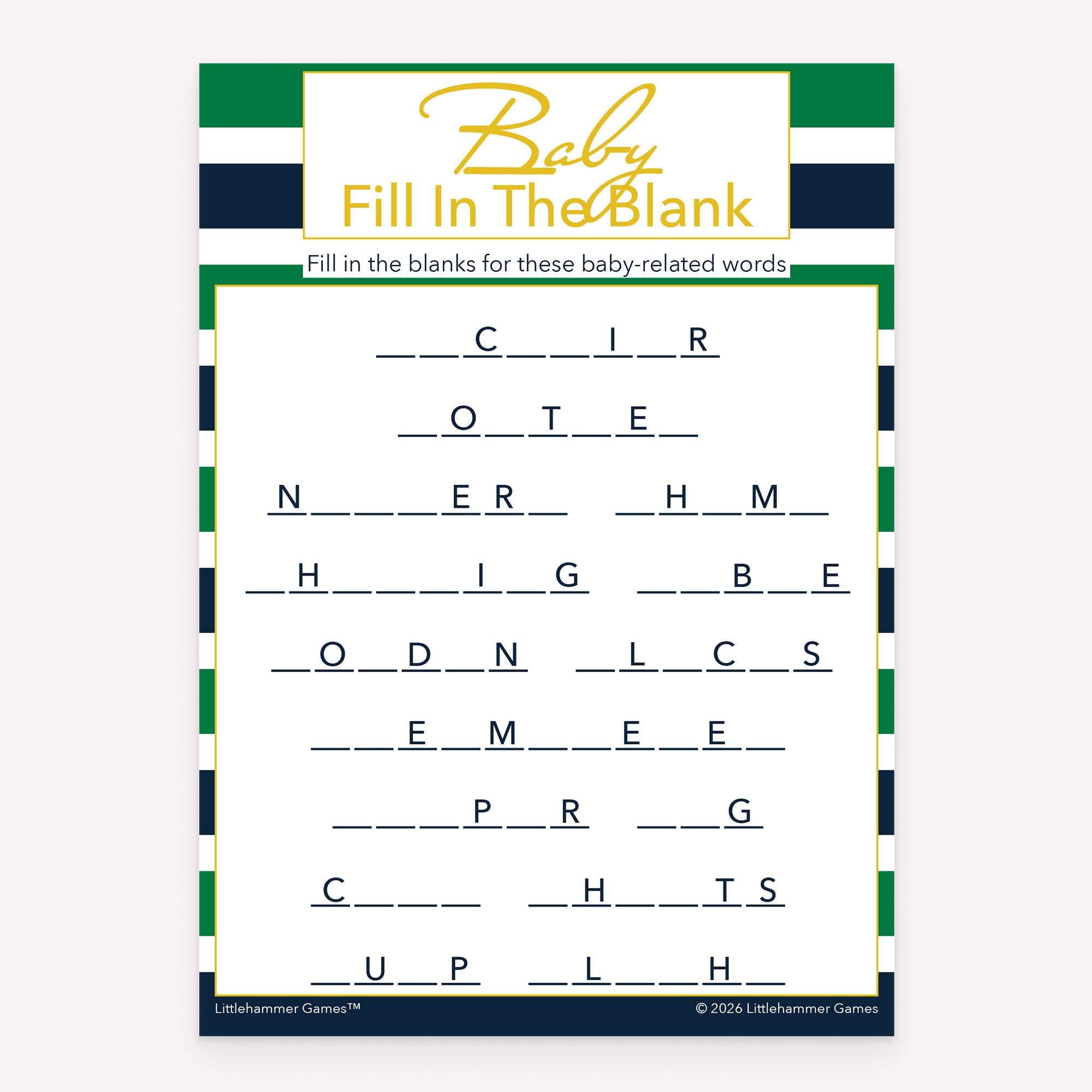 Baby Fill in the Blank baby shower printable activity card in green and navy stripes