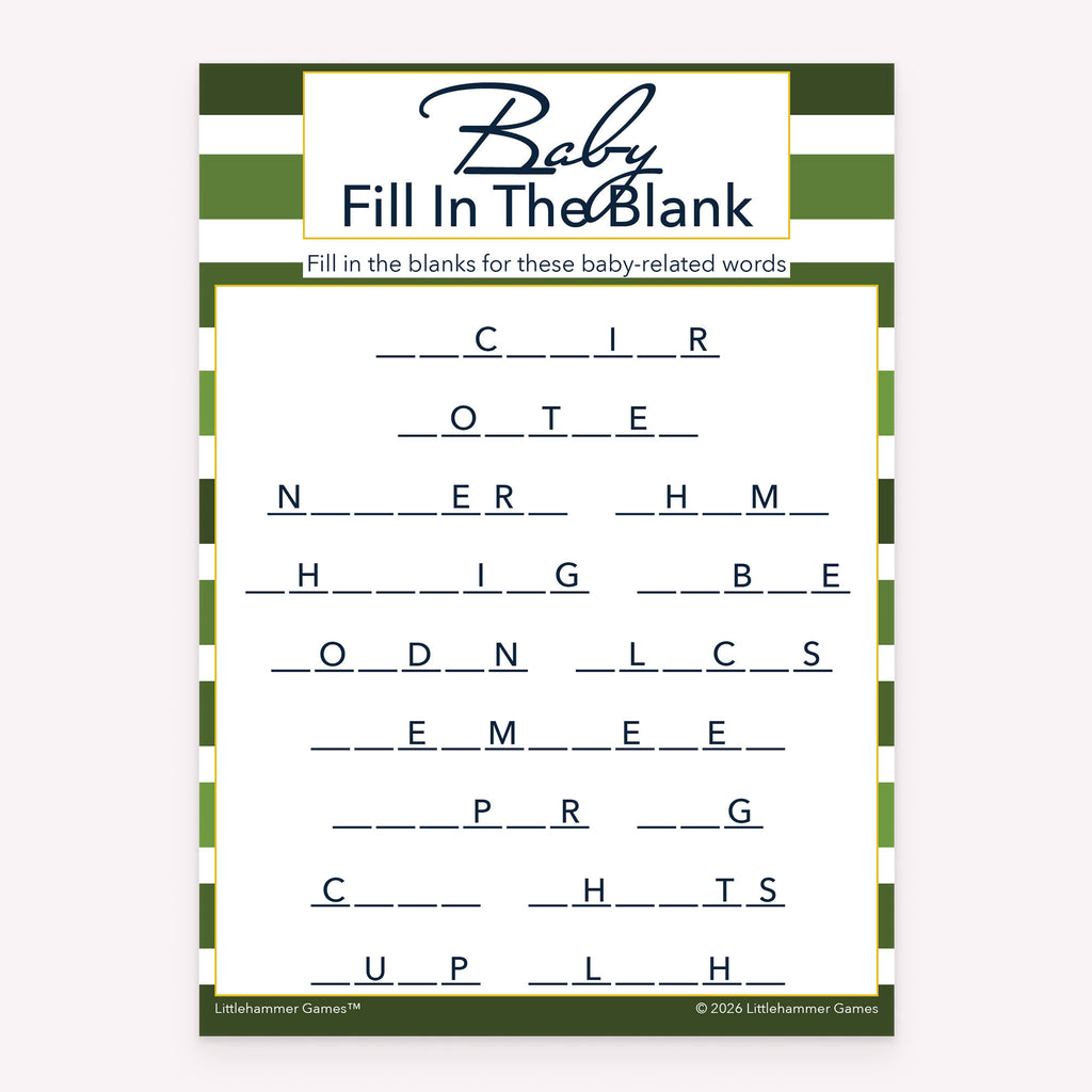 Baby shower Baby Fill in the Blank game card printable in green stripe design