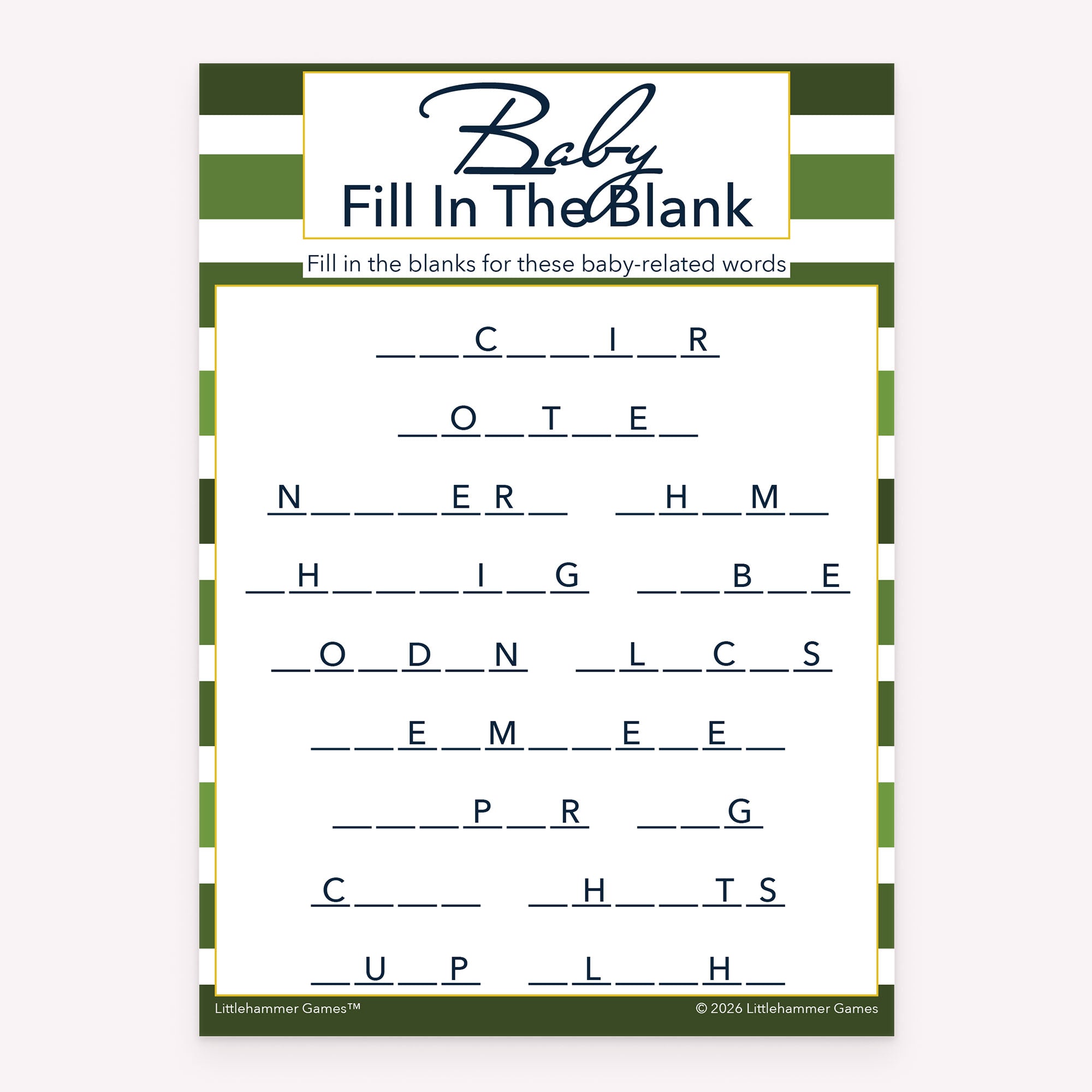 Baby shower Baby Fill in the Blank game card printable in green stripe design