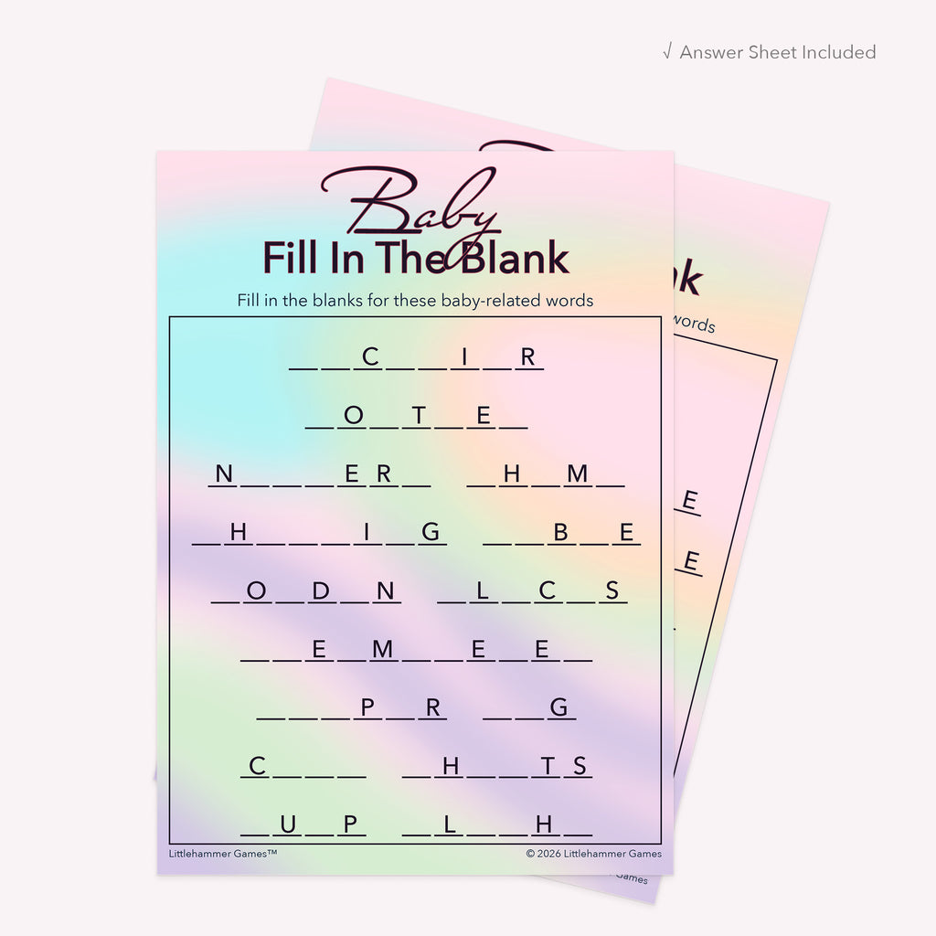 Hologram design printable Baby Fill in the Blank card shown with matching answer sheet behind it