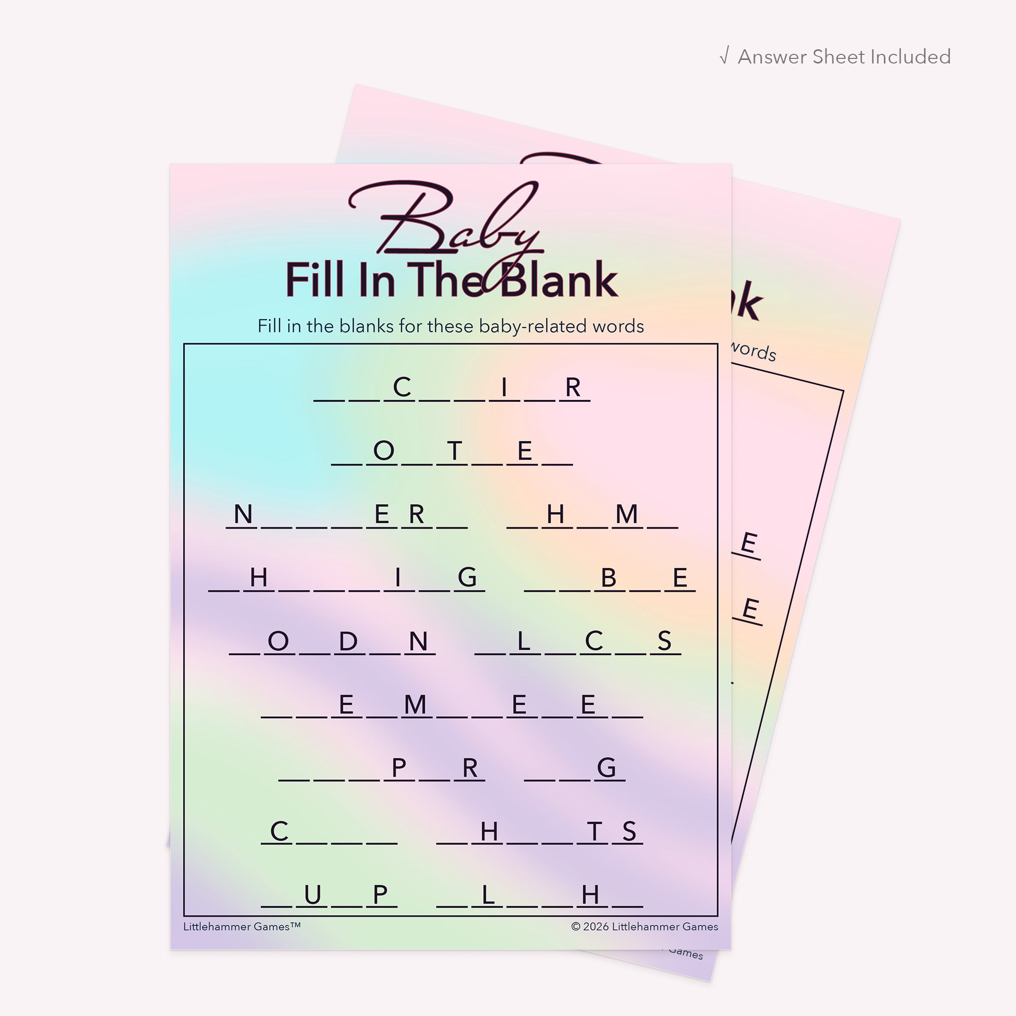 Hologram design printable Baby Fill in the Blank card shown with matching answer sheet behind it