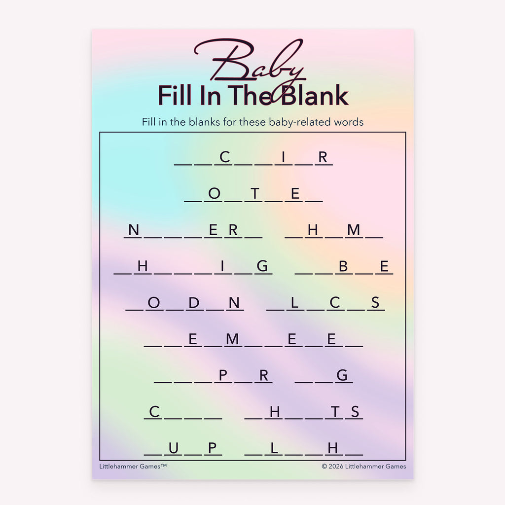 Baby shower printable Baby Fill in the Blank card featuring pastel hologram design