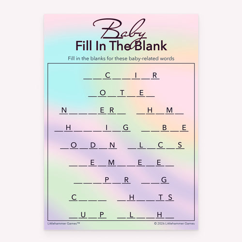 Baby shower printable Baby Fill in the Blank card featuring pastel hologram design
