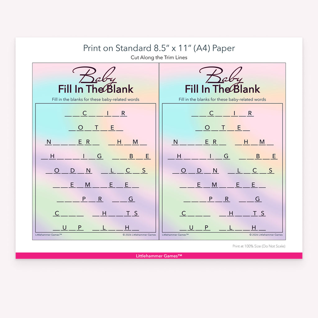 Printable pastel rainbow hologram-themed Baby Fill in the Blank game card layout showing US Letter size dimensions and printing information
