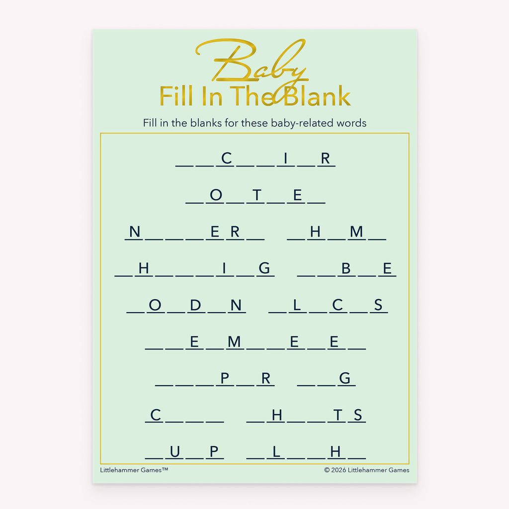 Baby shower Fill in the Blank printable game card in mint and gold color scheme