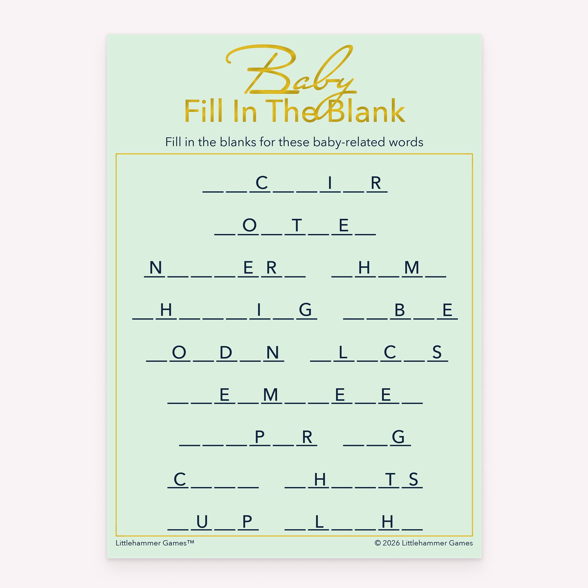 Baby shower Fill in the Blank printable game card in mint and gold color scheme