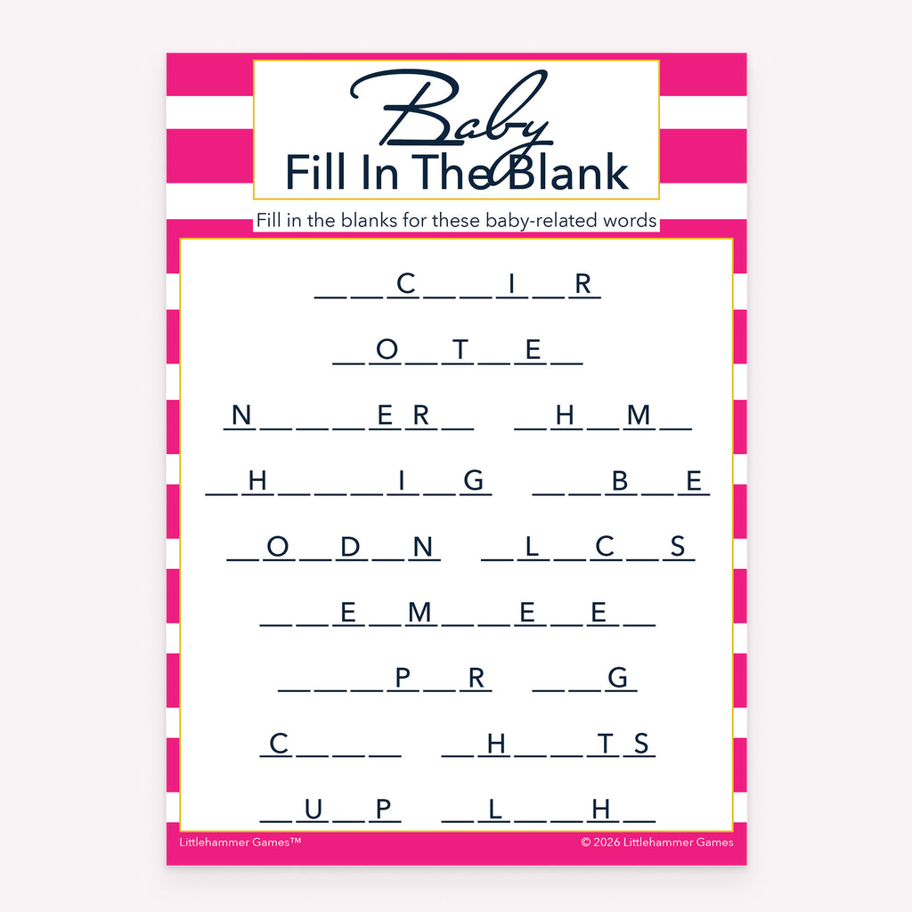 Pink stripe printable baby shower game card for Baby Fill in the Blank