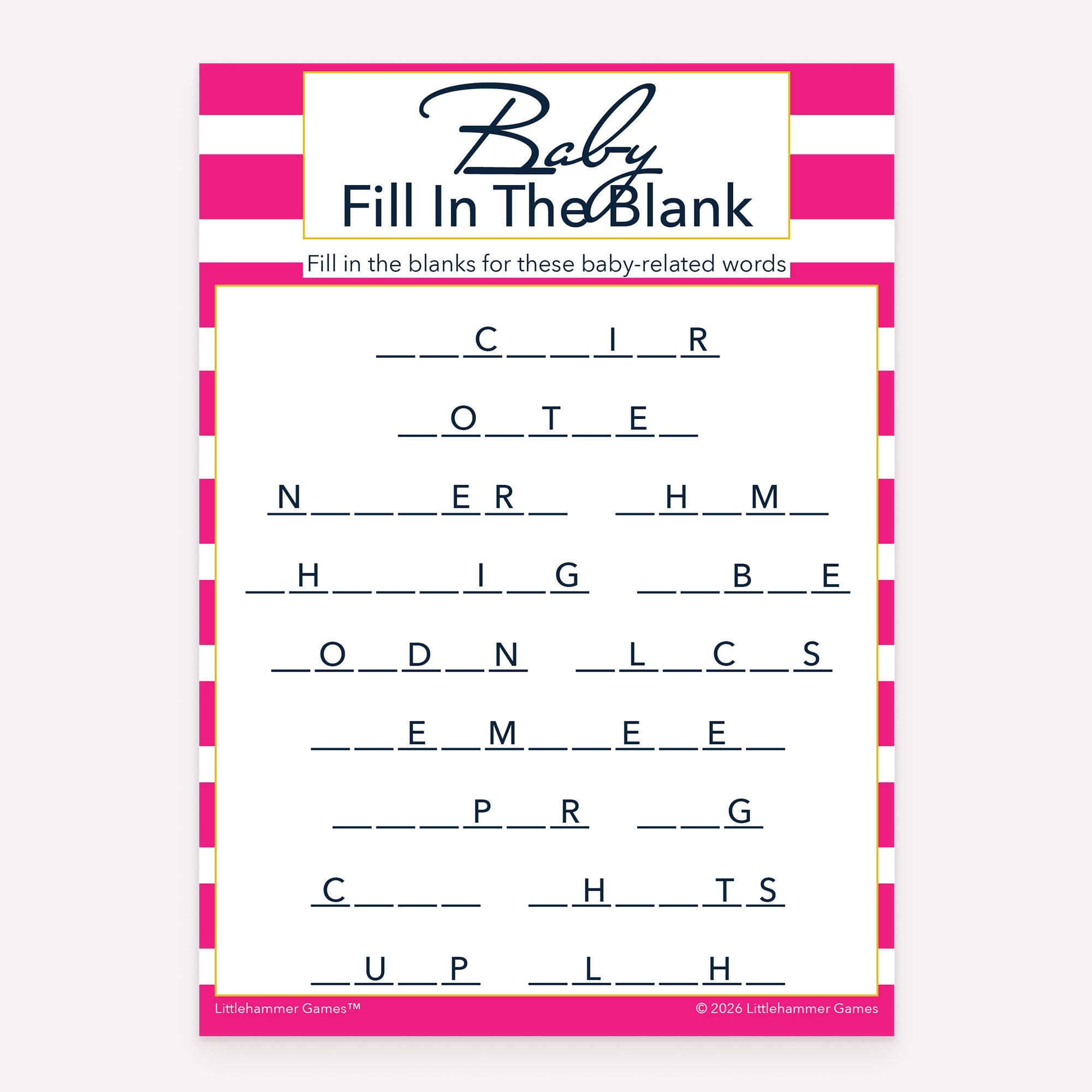 Pink stripe printable baby shower game card for Baby Fill in the Blank