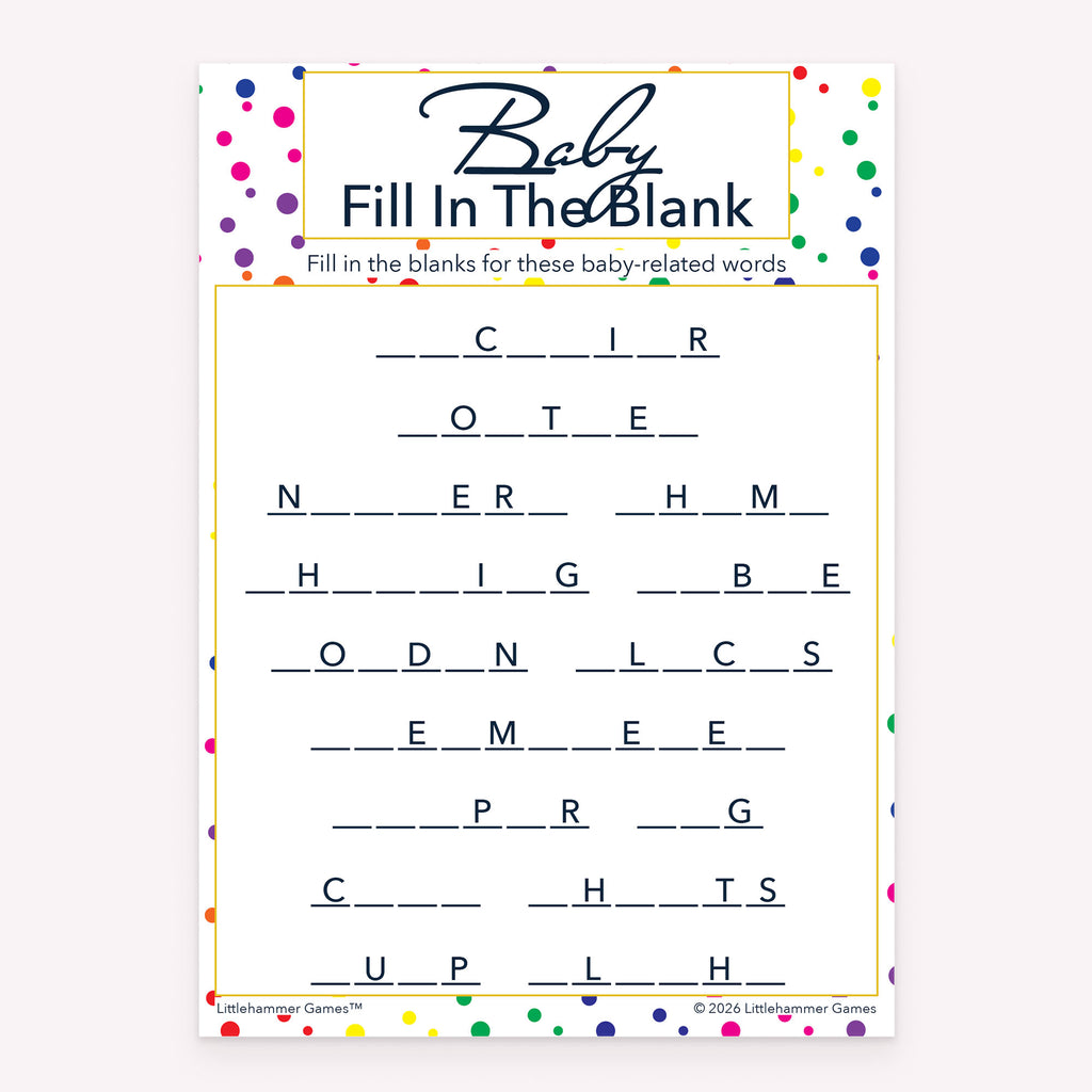 Rainbow polka dot design baby shower printable Baby Fill in the Blank card