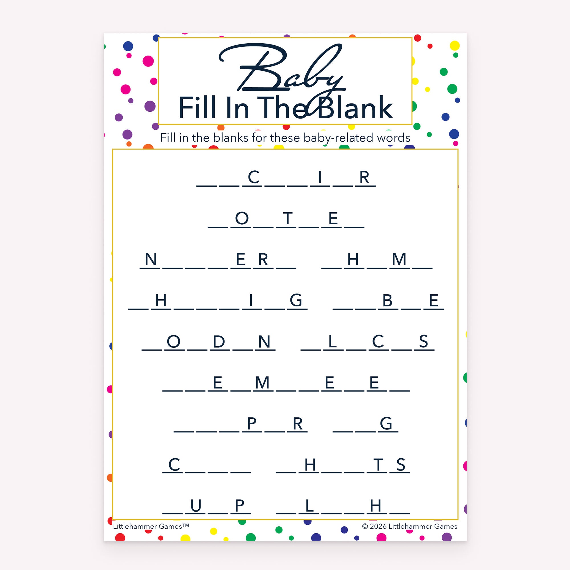 Rainbow polka dot design baby shower printable Baby Fill in the Blank card