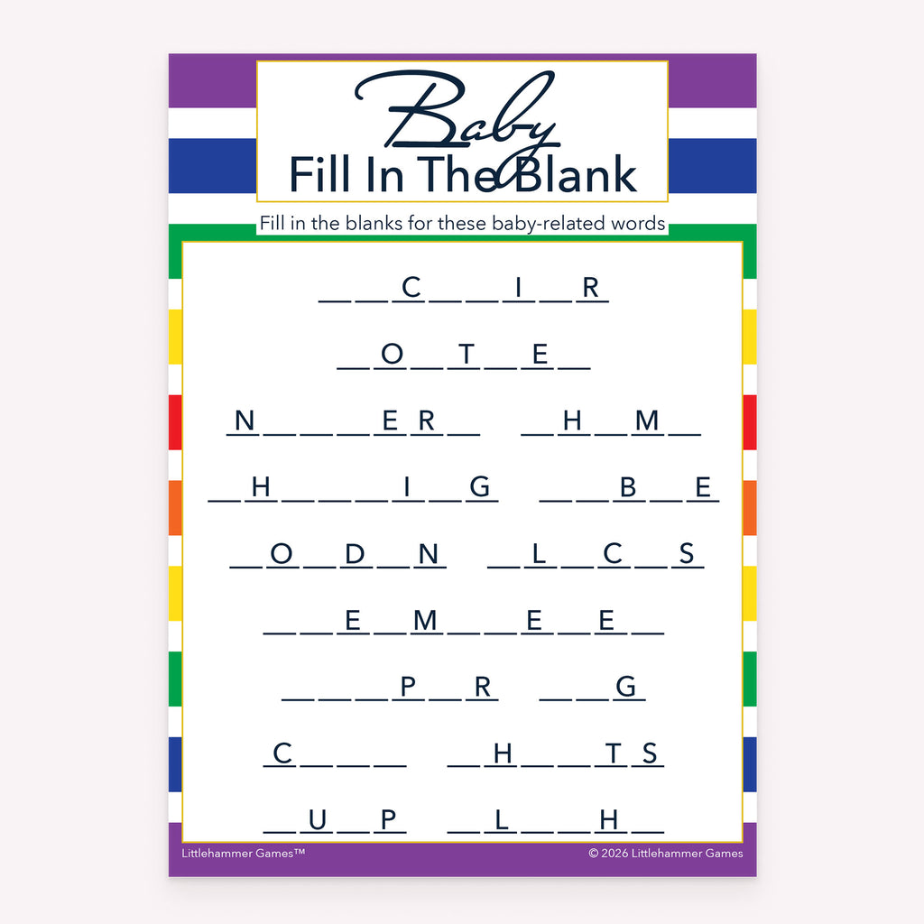 Printable baby shower Baby Fill in the Blank card in rainbow stripe theme
