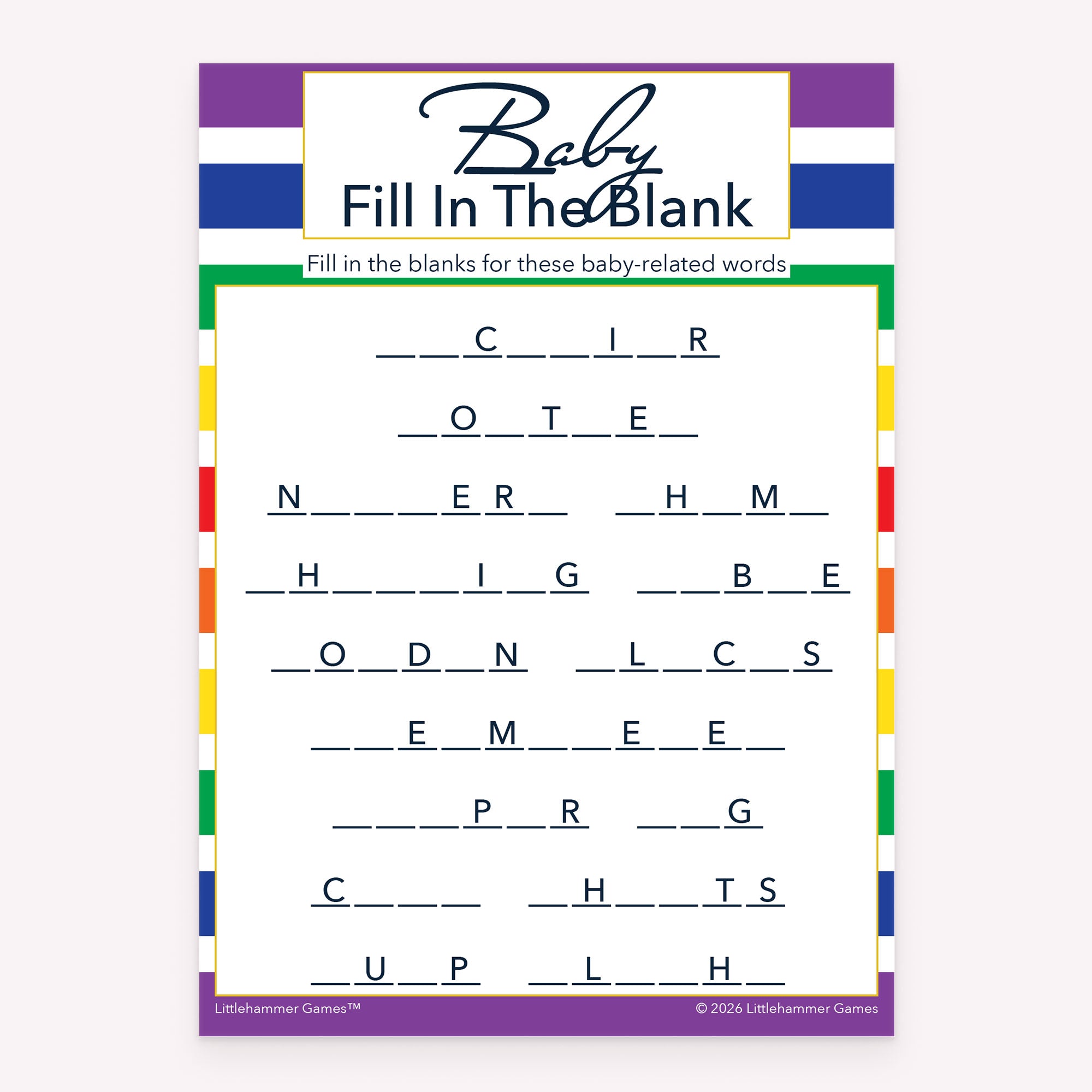 Printable baby shower Baby Fill in the Blank card in rainbow stripe theme