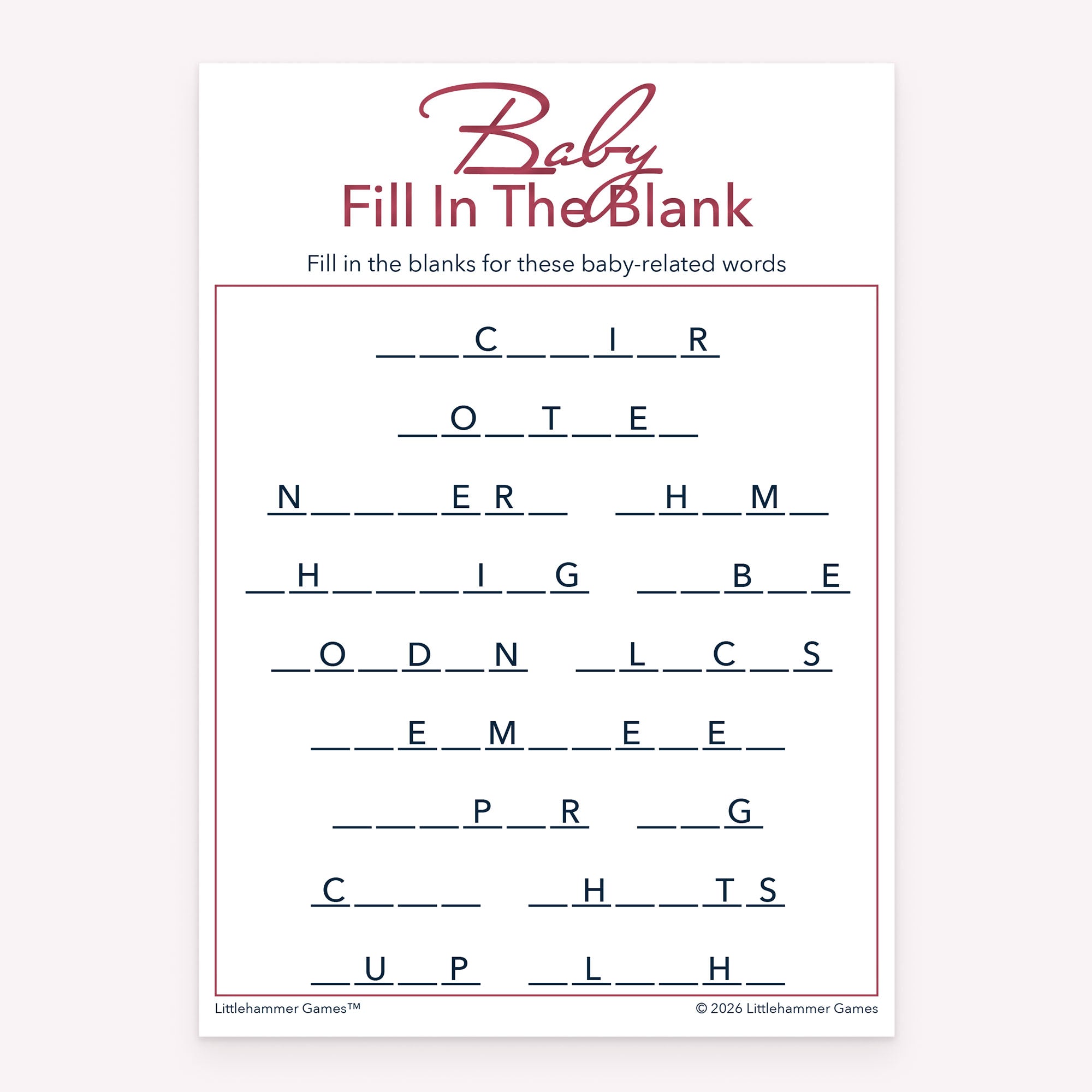Minimal rose gold Baby Fill in the Blank baby shower printable card