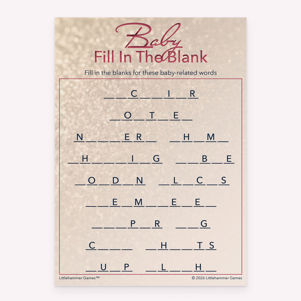 Glittery rose gold style printable baby shower Baby Fill in the Blank card