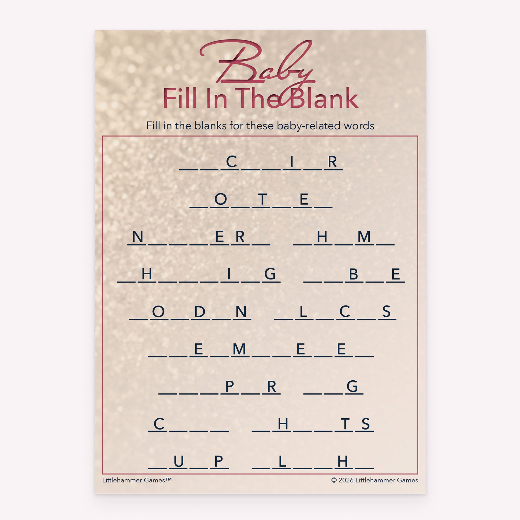 Glittery rose gold style printable baby shower Baby Fill in the Blank card