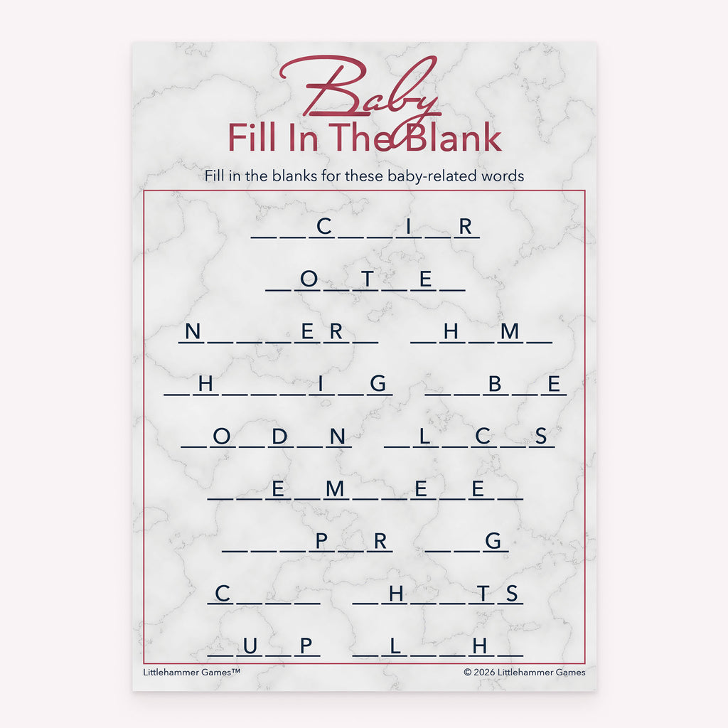 Baby Fill in the Blank printable baby shower game card with rose gold and marble background