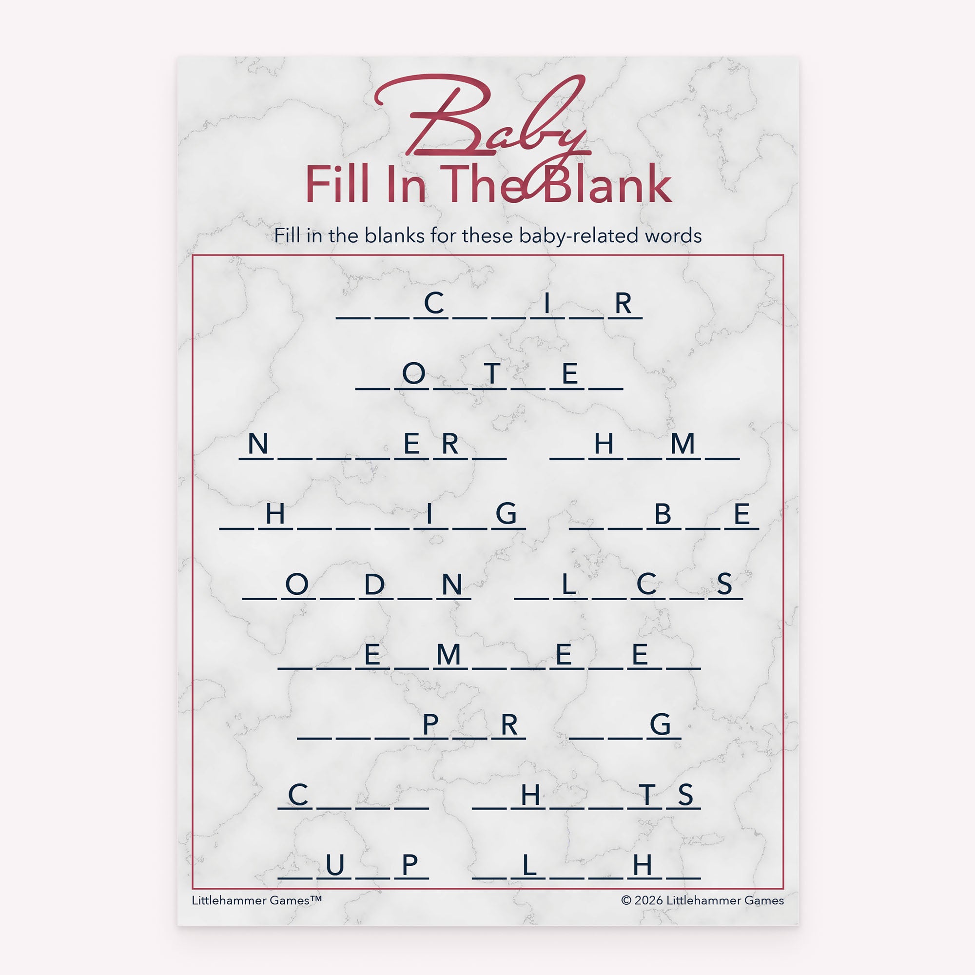 Baby Fill in the Blank printable baby shower game card with rose gold and marble background