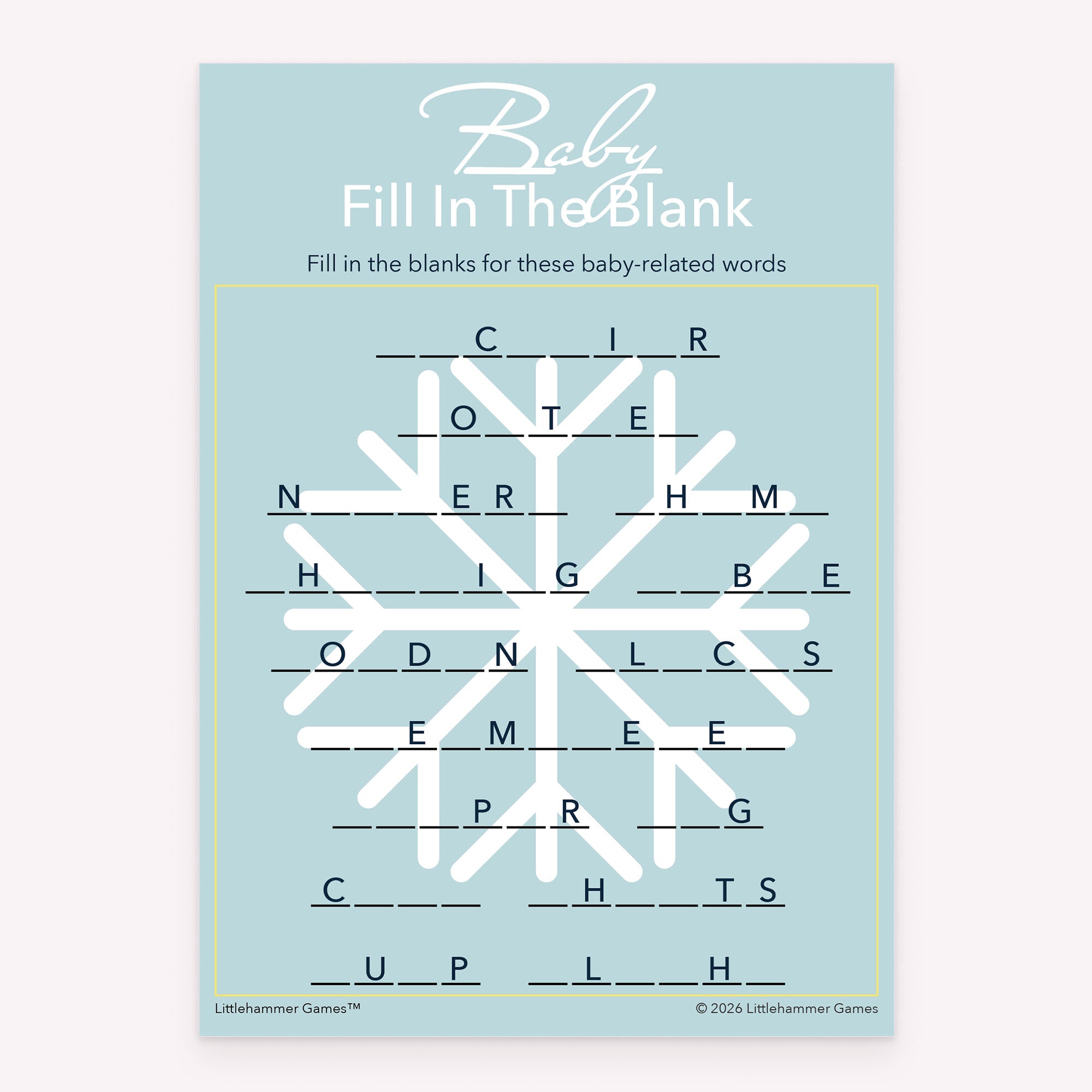 Snowflake printable Baby Fill in the Blank baby shower game card
