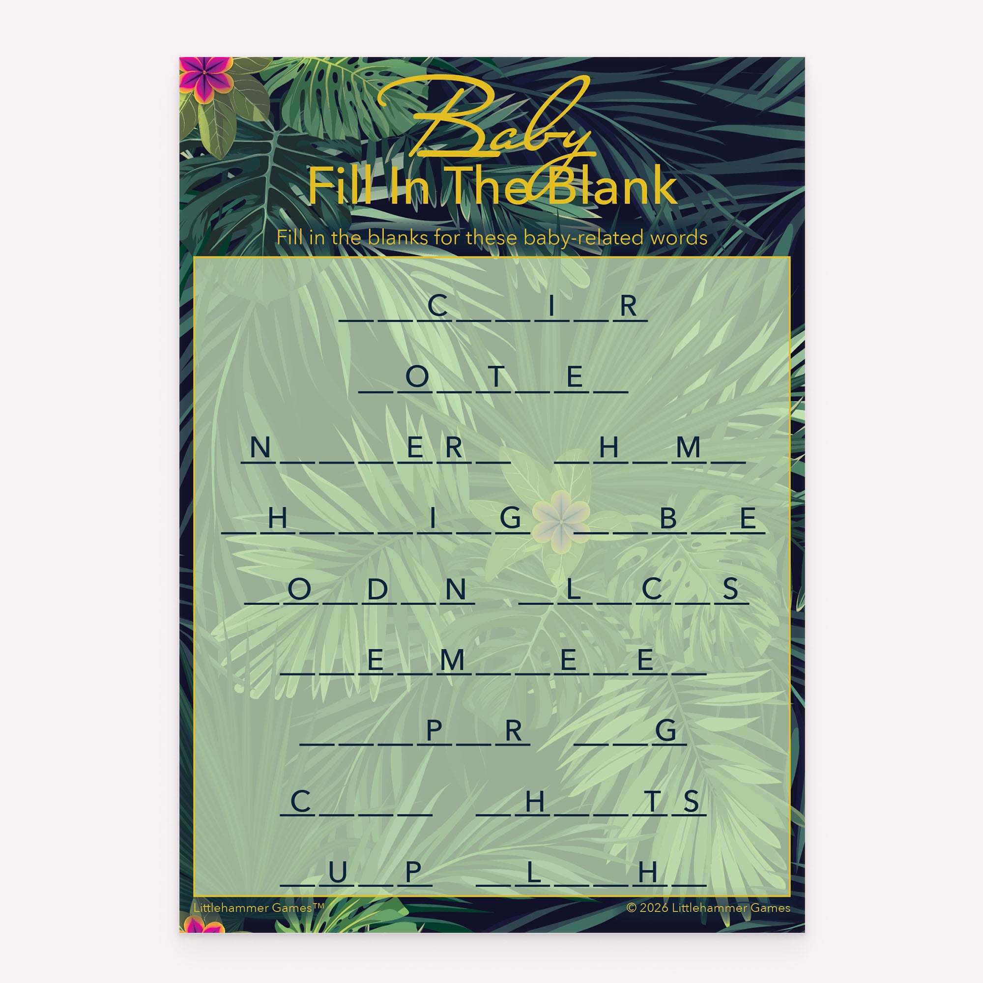 Tropical printable baby shower Baby Fill in the Blank activity card