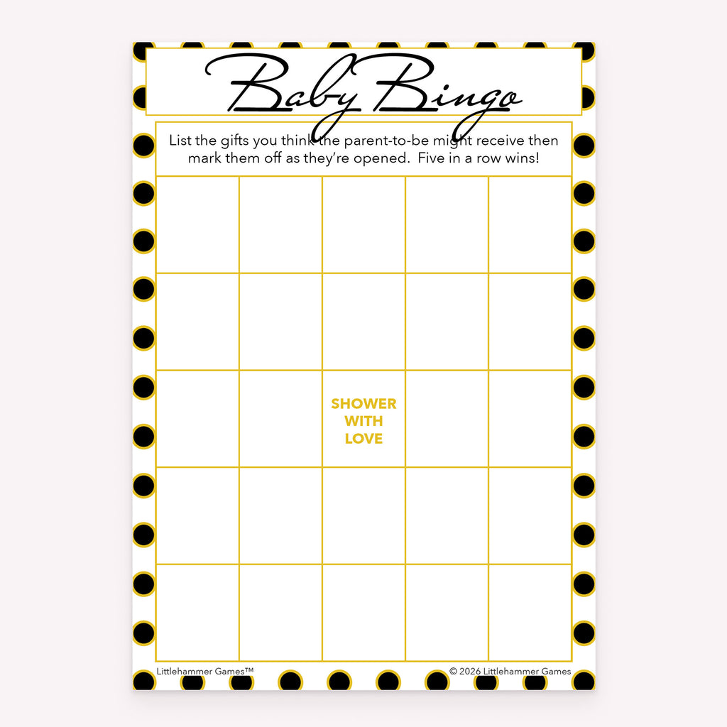 Black and gold polka dot design baby shower printable Baby Gift Bingo card