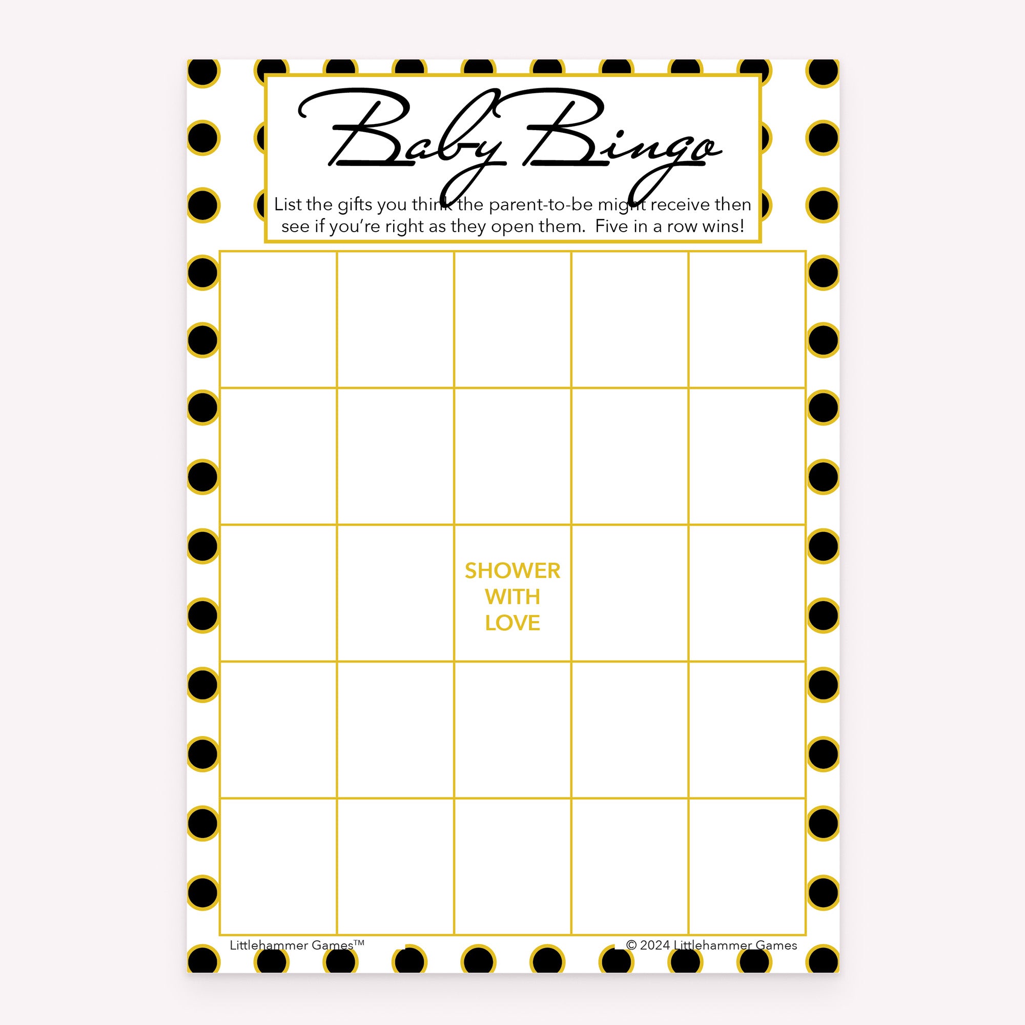 Black and gold polka dot design baby shower printable Baby Gift Bingo card