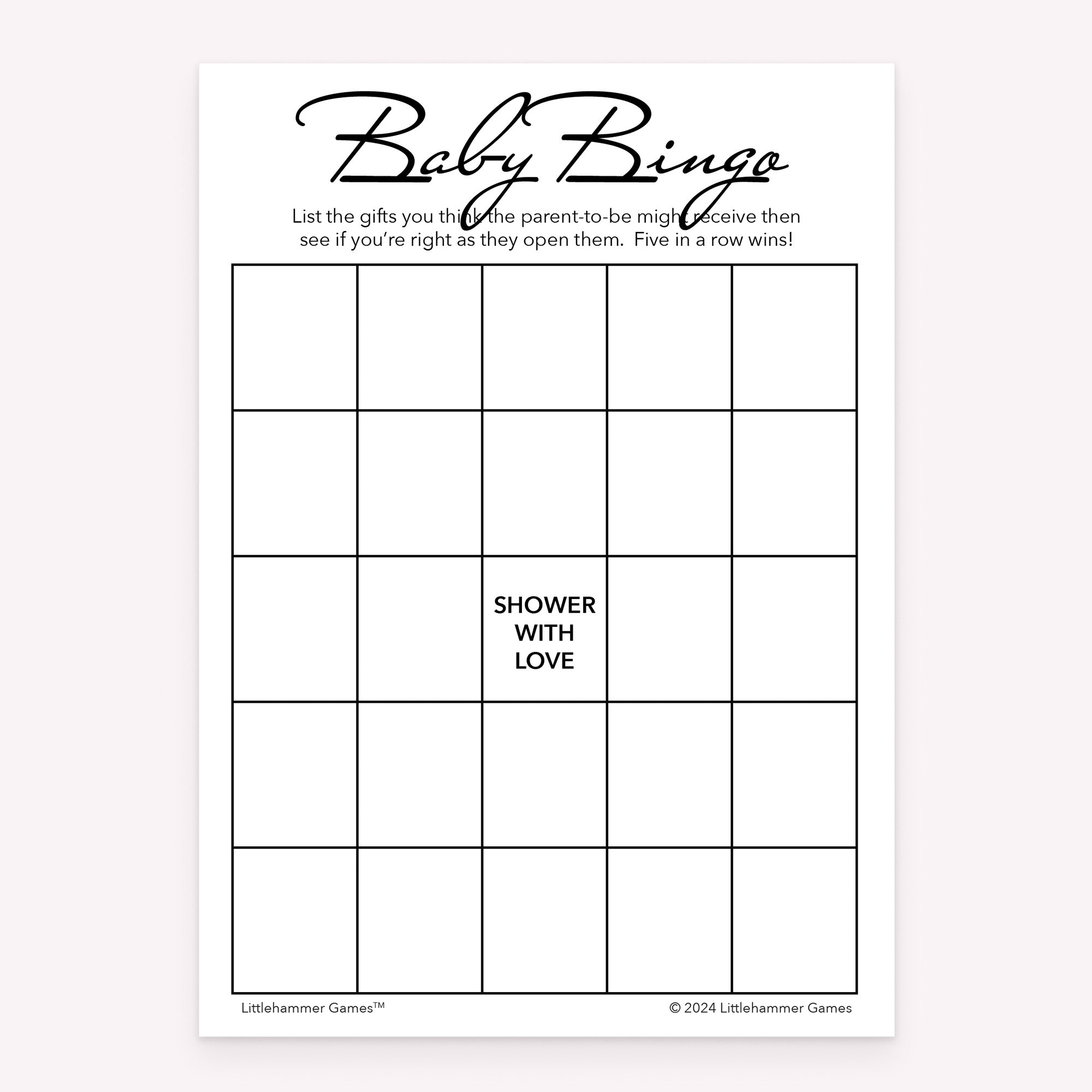 Baby Gift Bingo baby shower printable game card featuring black and white style