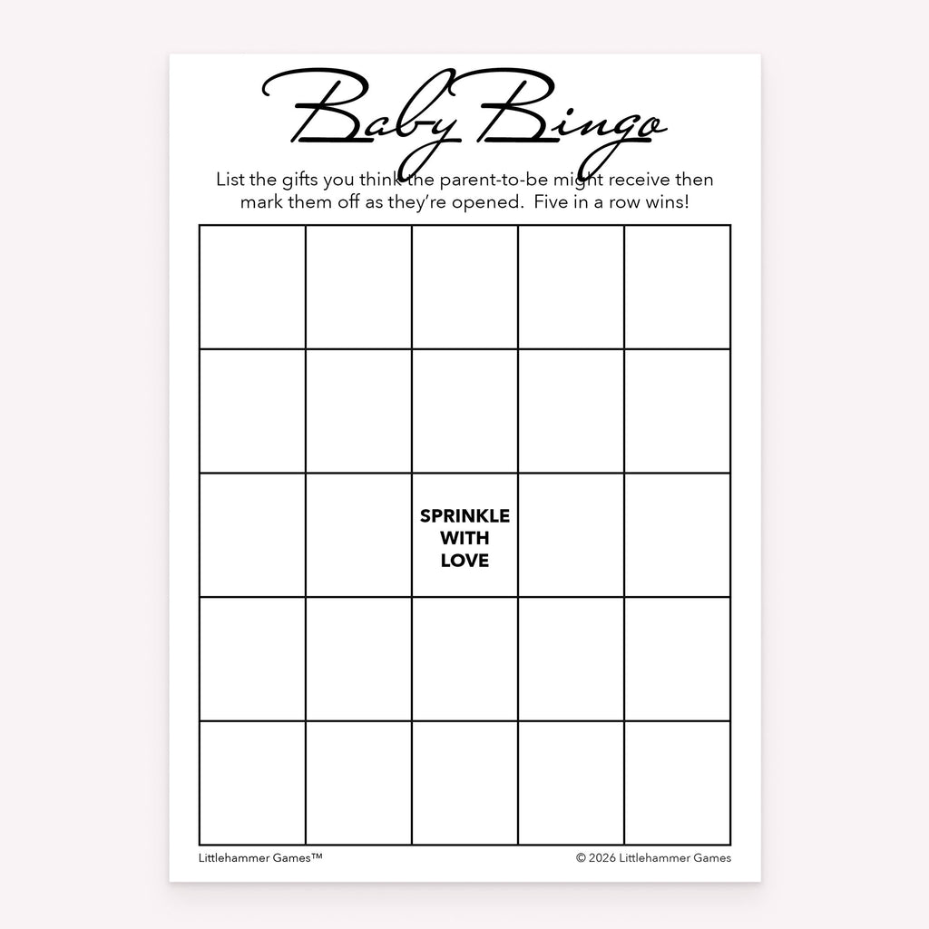 Printable Baby Bingo game sheet with grid and text on a white background