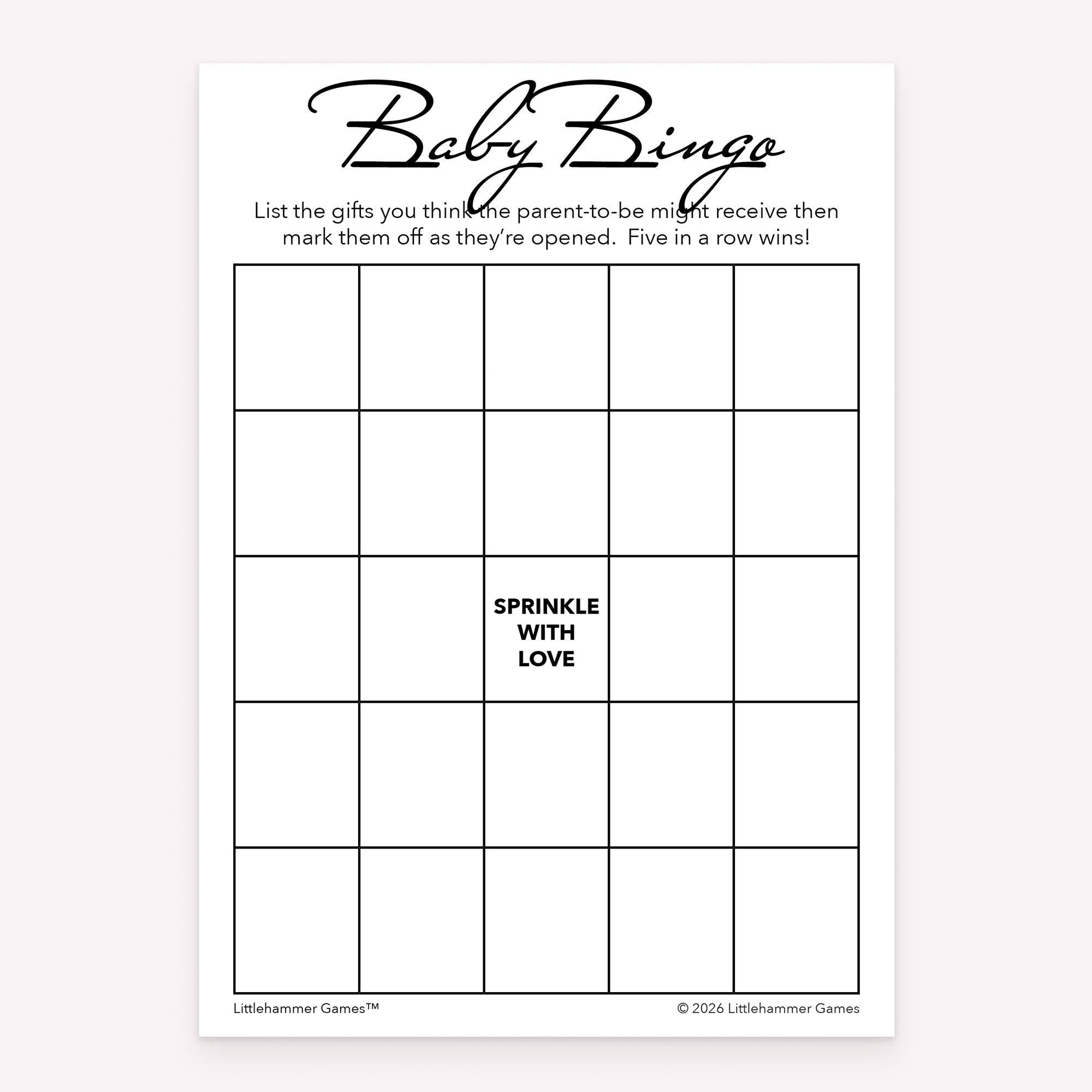 Printable Baby Bingo game sheet with grid and text on a white background