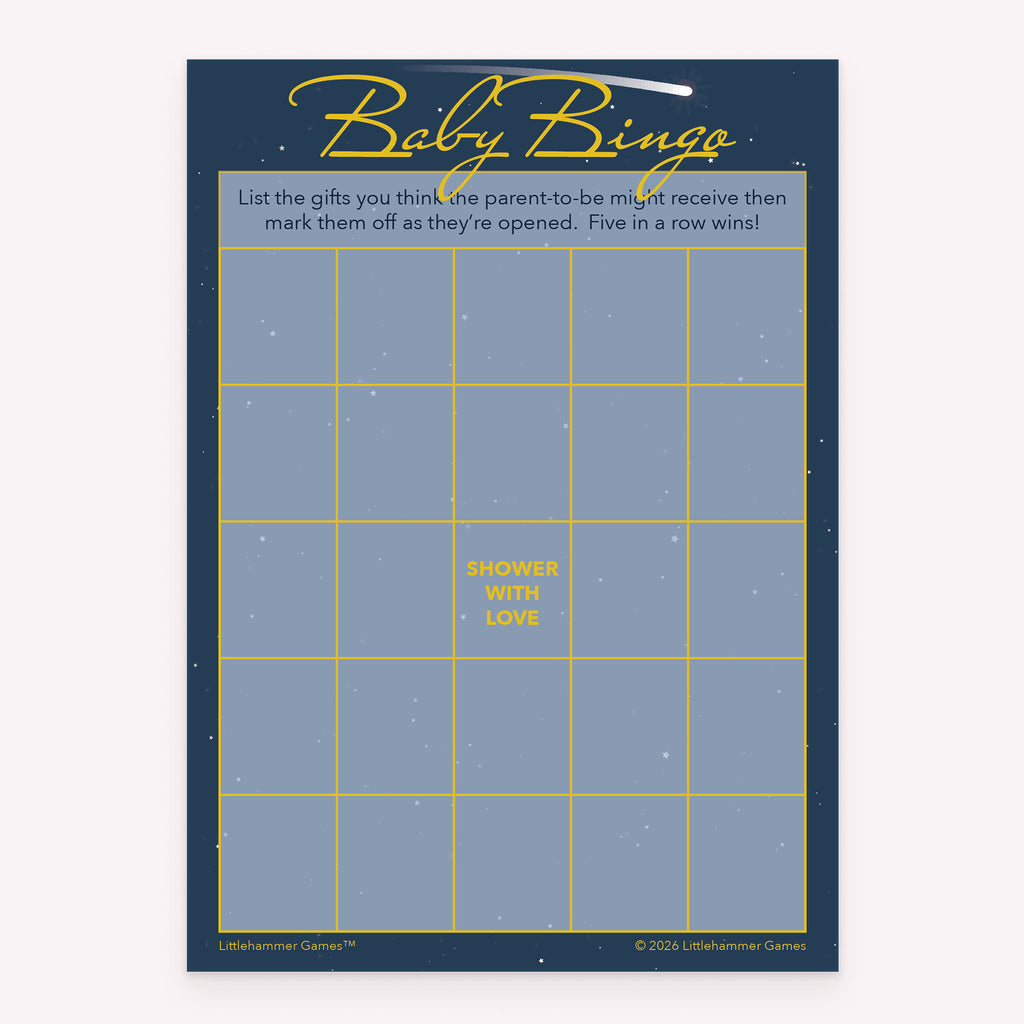 Printable baby shower Baby Gift Bingo game card with celestial design