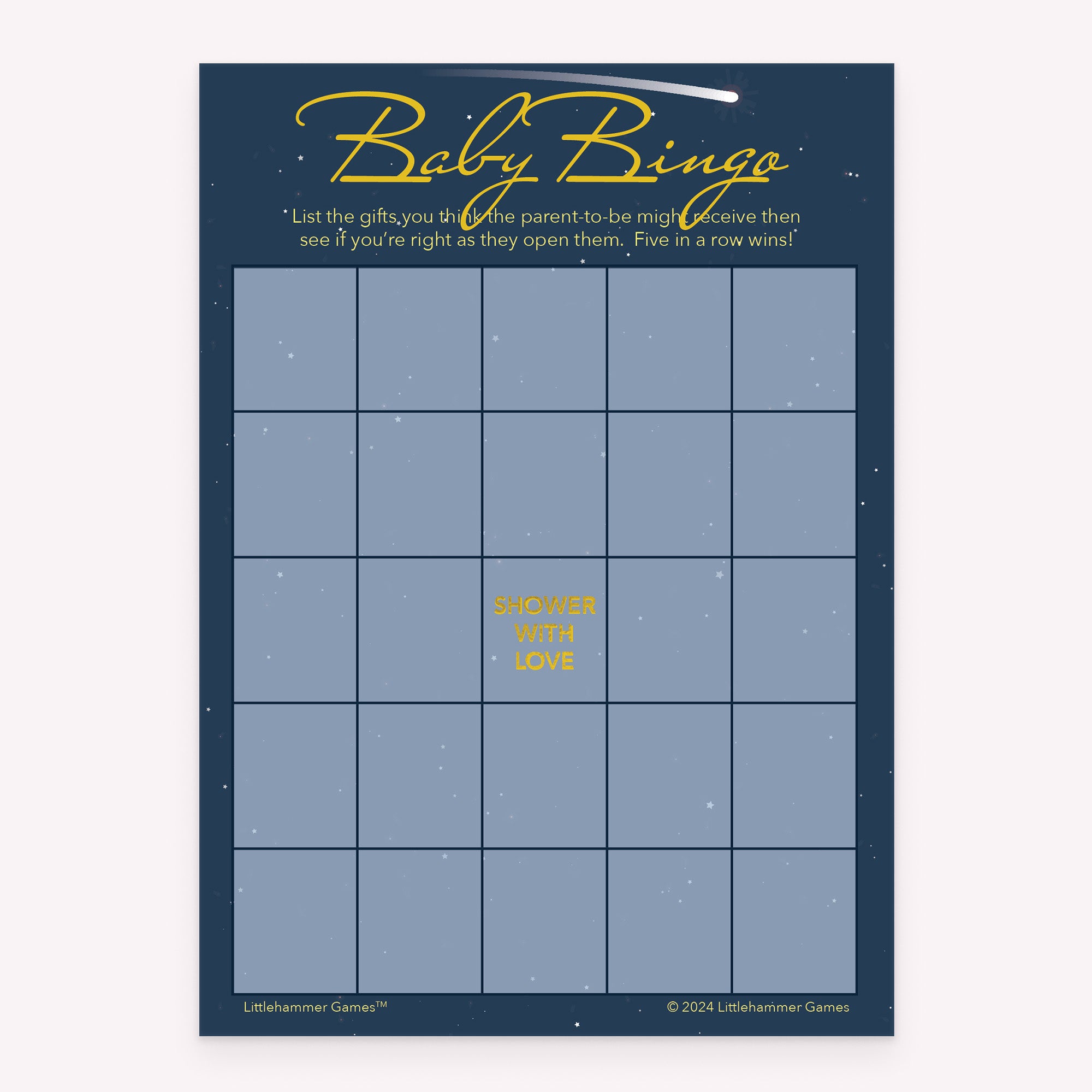 Printable baby shower Baby Gift Bingo game card with celestial design