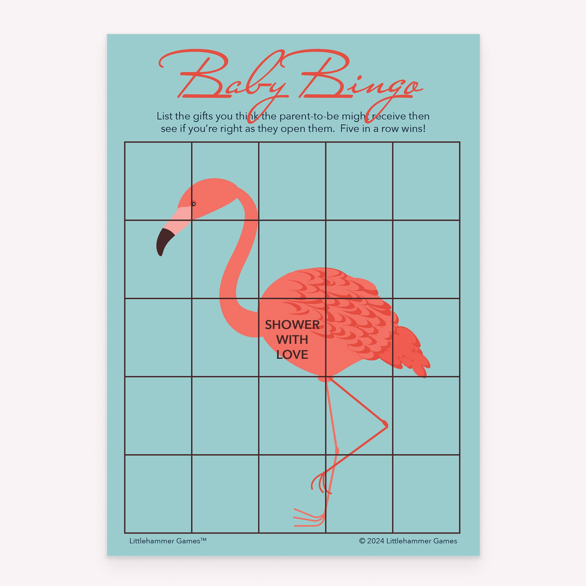 Baby Gift Bingo baby shower printable card in flamingo theme