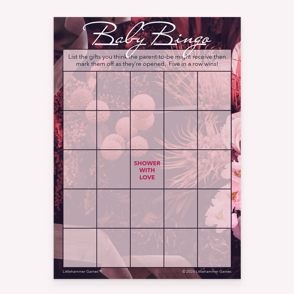 Dark floral printable baby shower Baby Gift Bingo activity card