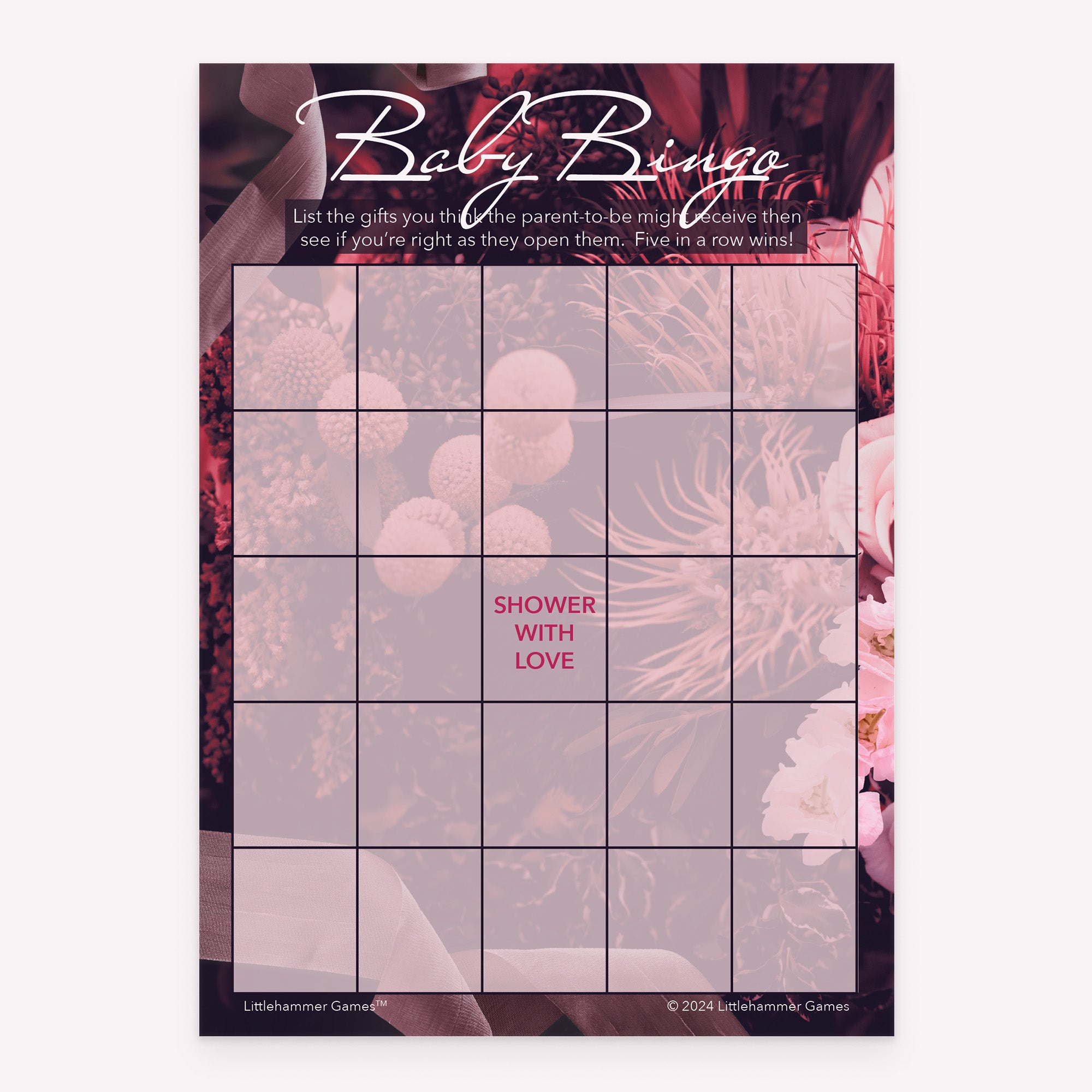 Dark floral printable baby shower Baby Gift Bingo activity card