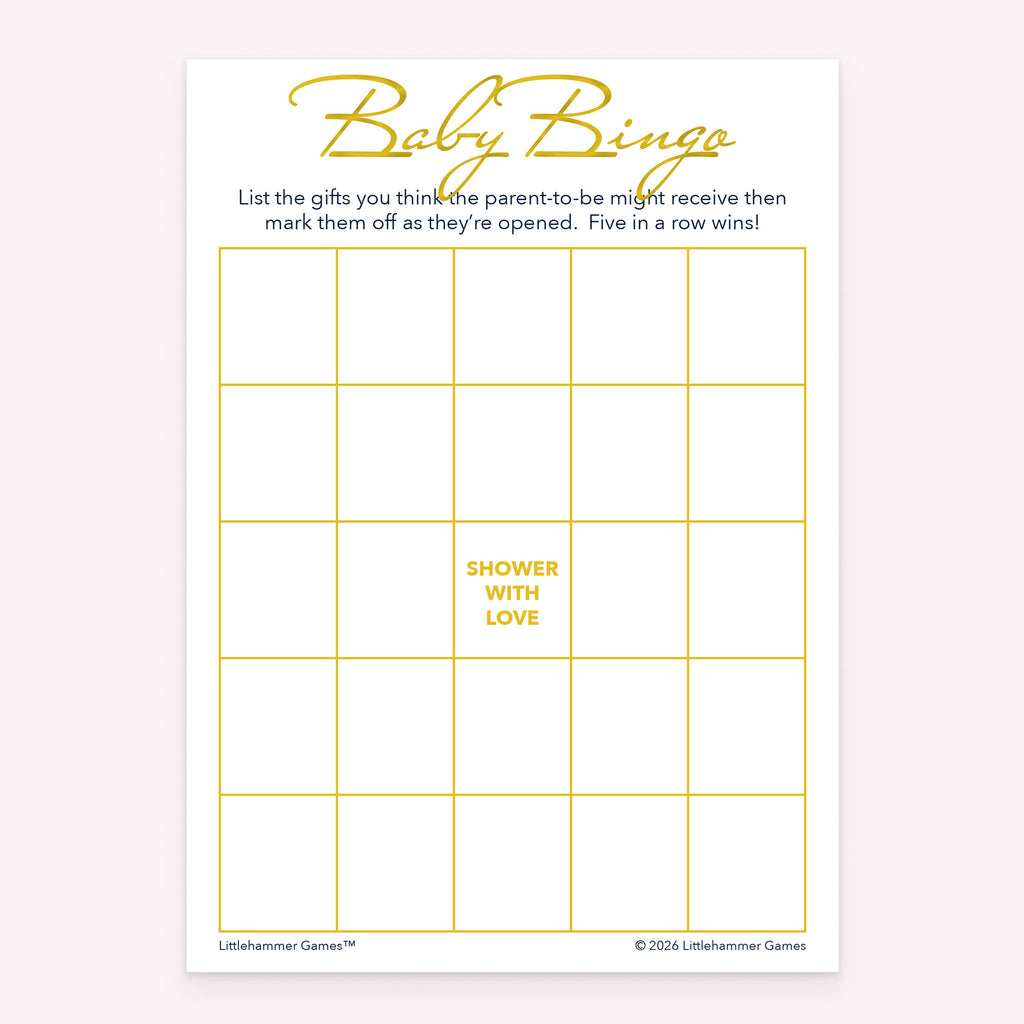 Gold themed Baby Gift Bingo printable baby shower game card
