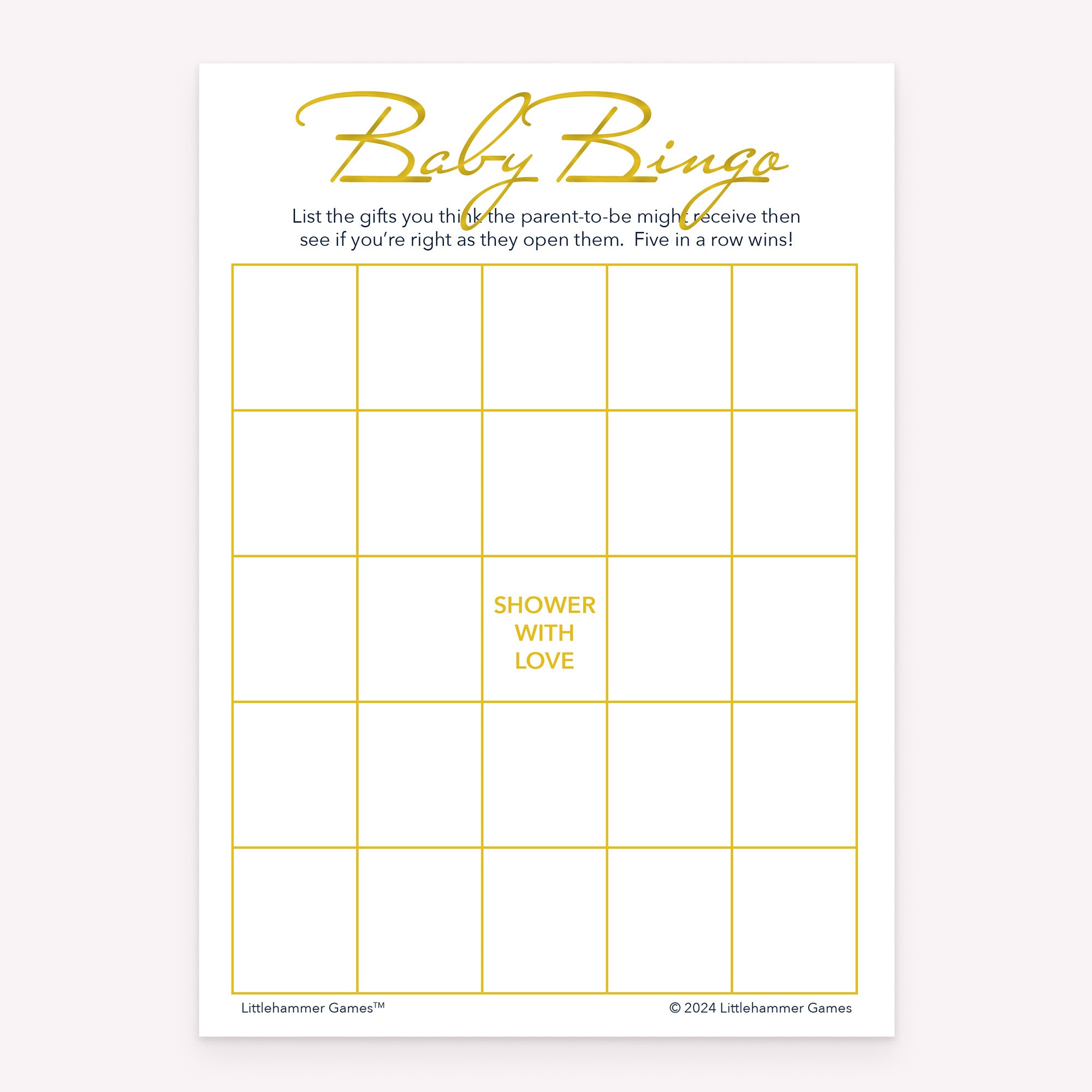 Gold themed Baby Gift Bingo printable baby shower game card