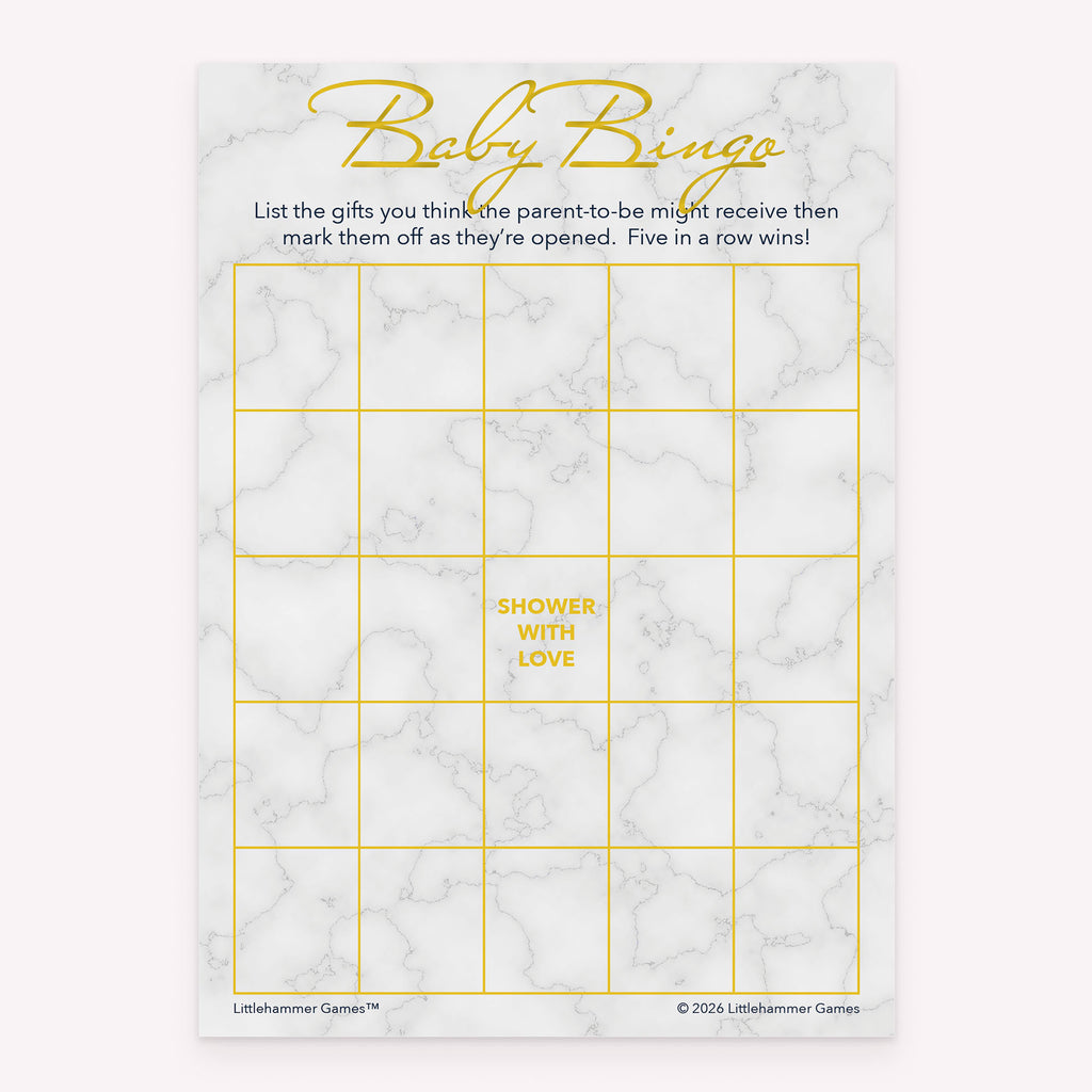 Baby shower Baby Gift Bingo printable game card in gold and marble color scheme