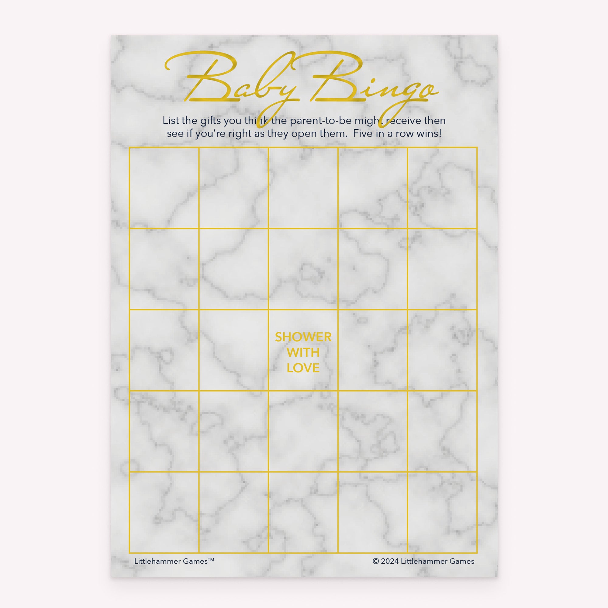 Baby shower Baby Gift Bingo printable game card in gold and marble color scheme