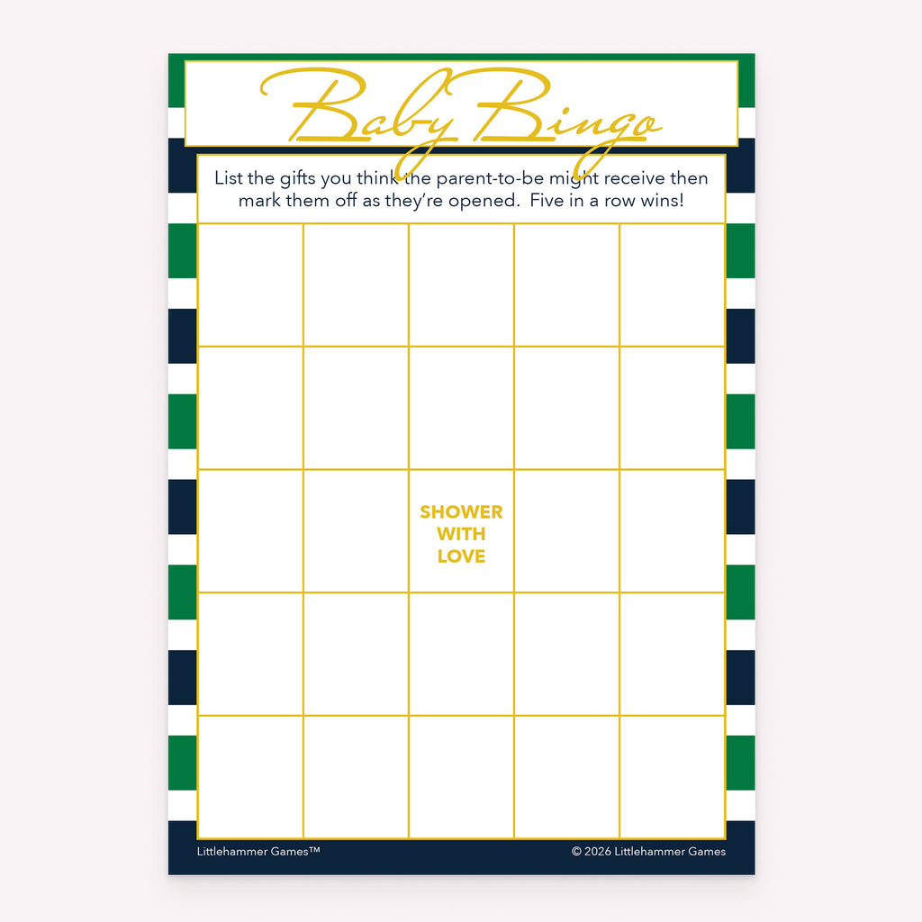 Green and navy-striped printable baby shower game card for Baby Gift Bingo