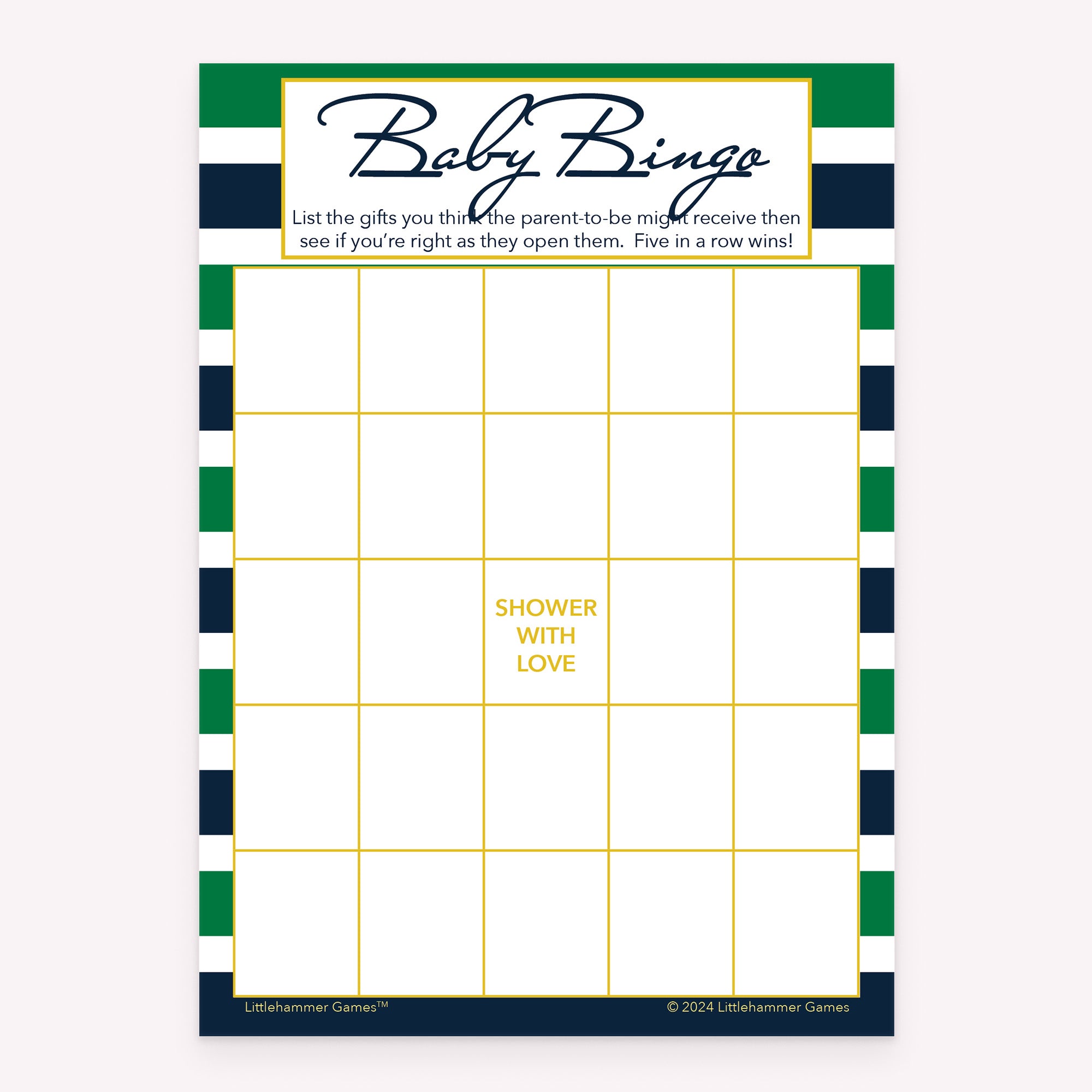Green and navy-striped printable baby shower game card for Baby Gift Bingo