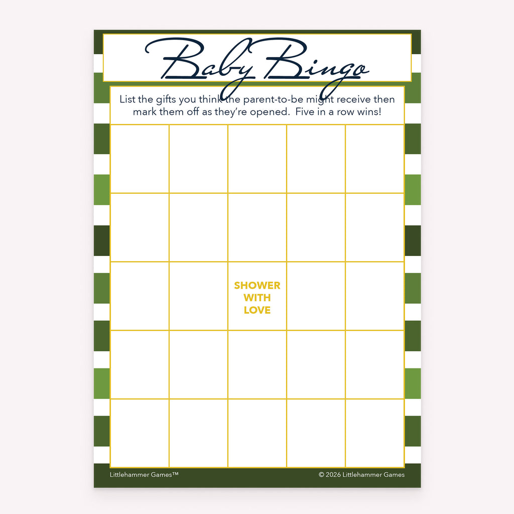 Baby Gift Bingo baby shower printable activity card with green stripes