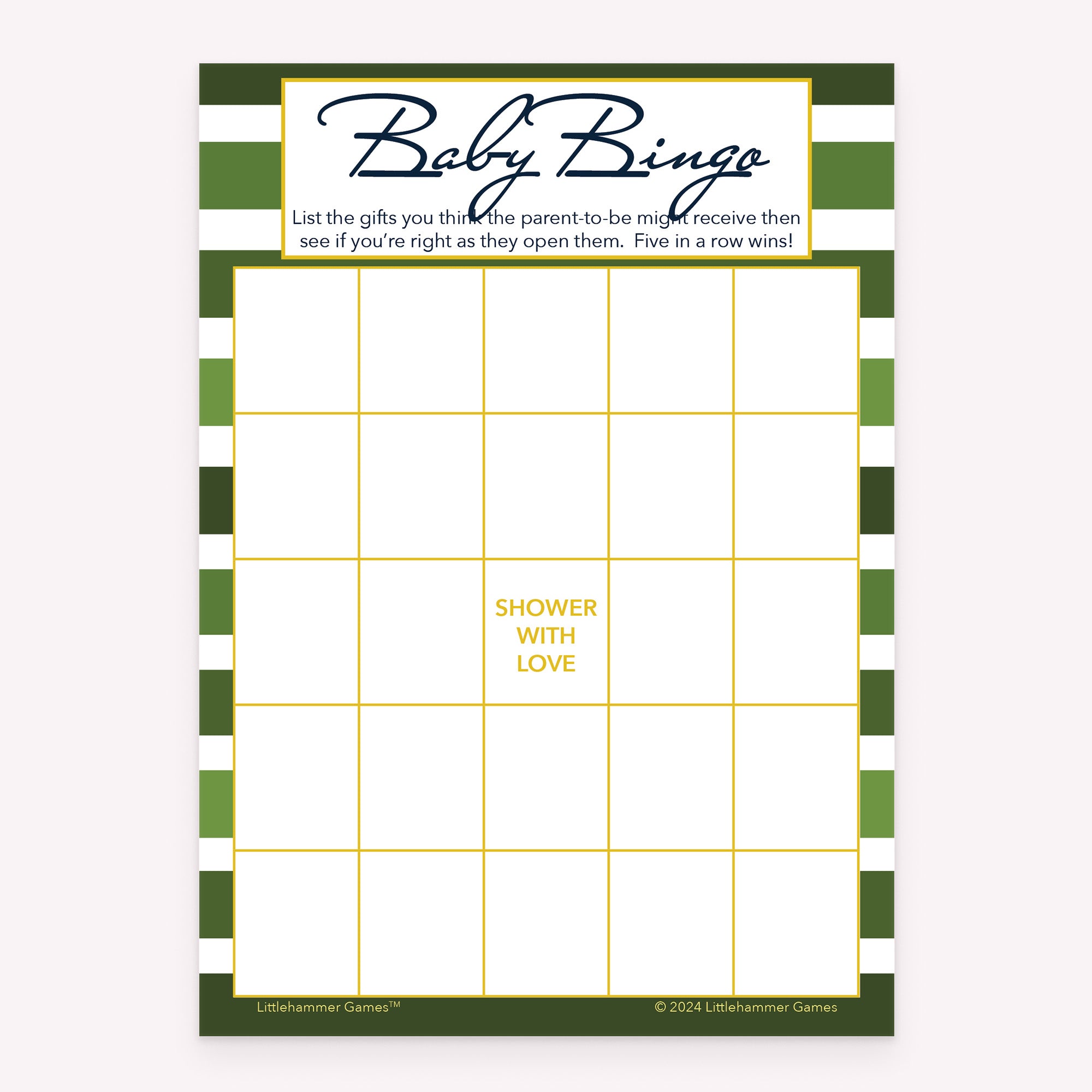 Baby Gift Bingo baby shower printable activity card with green stripes