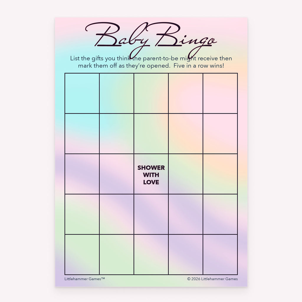 Baby Gift Bingo printable baby shower activity in hologram style