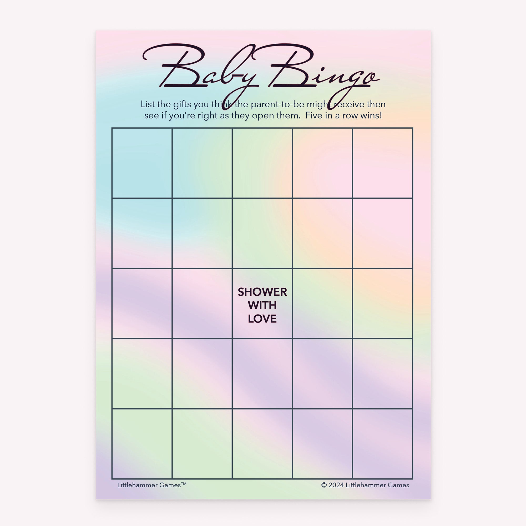 Baby Gift Bingo printable baby shower activity in hologram style