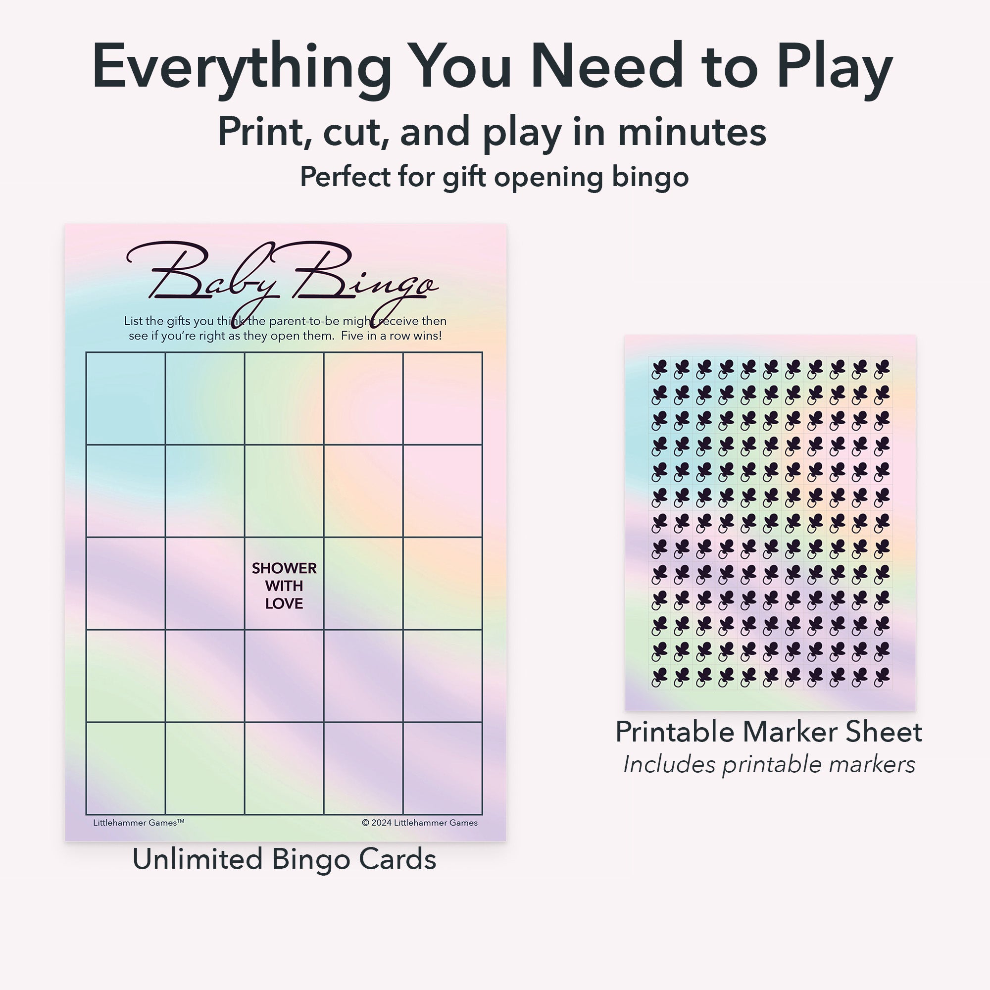 Printable baby gift bingo game set including blank bingo cards for tracking gifts and optional markers sheet