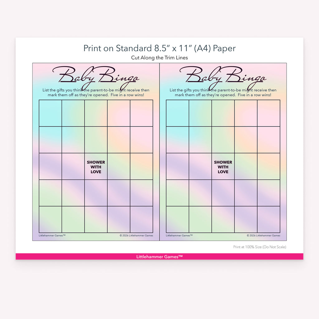 Printable hologram Baby Gift Bingo game card layout showing US Letter size dimensions and printing information
