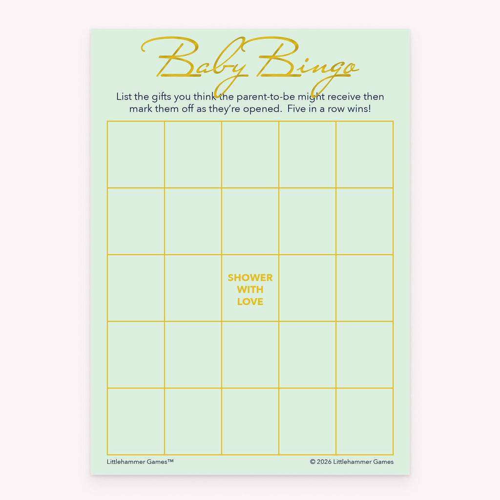 Minimal mint and gold Baby Gift Bingo baby shower printable card