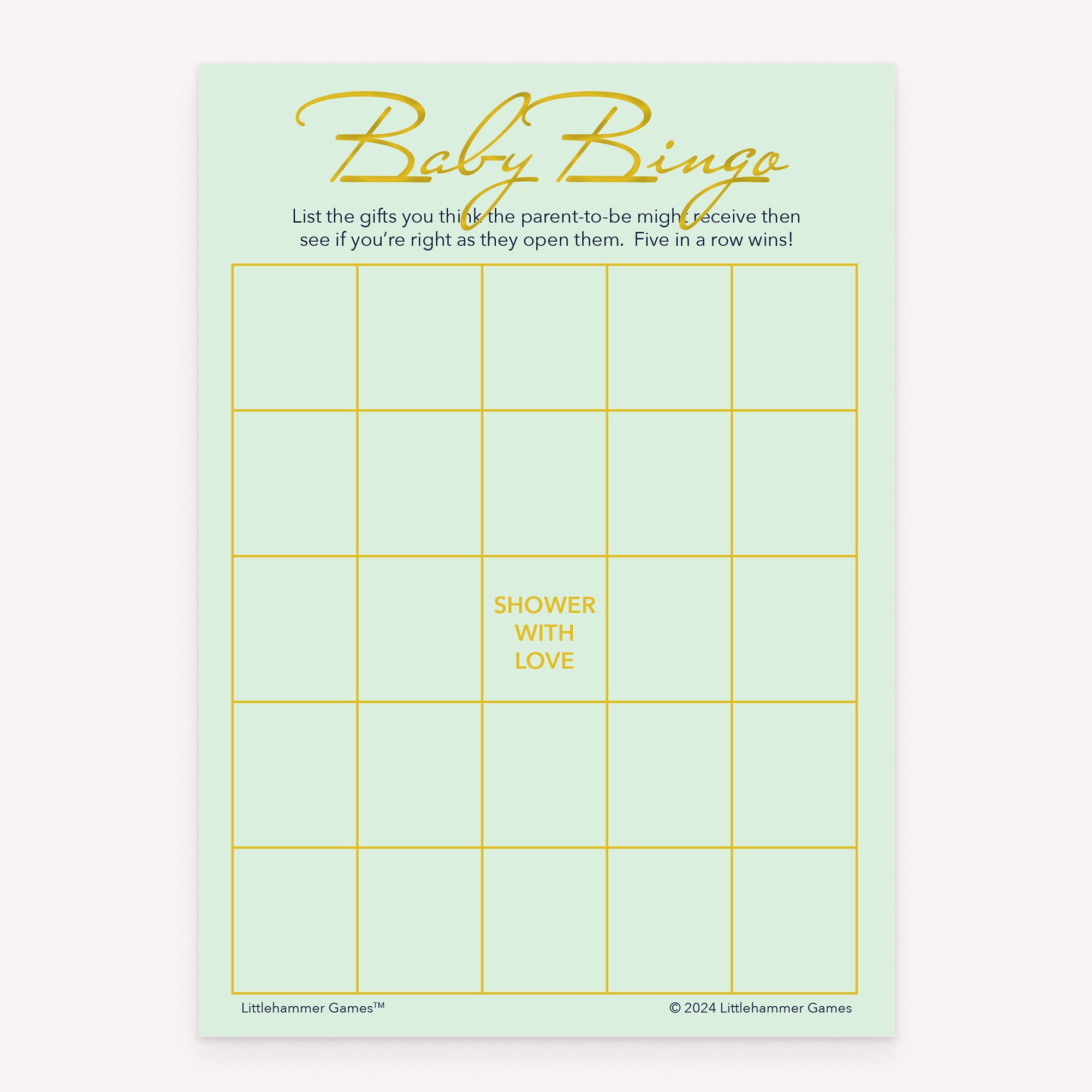 Minimal mint and gold Baby Gift Bingo baby shower printable card