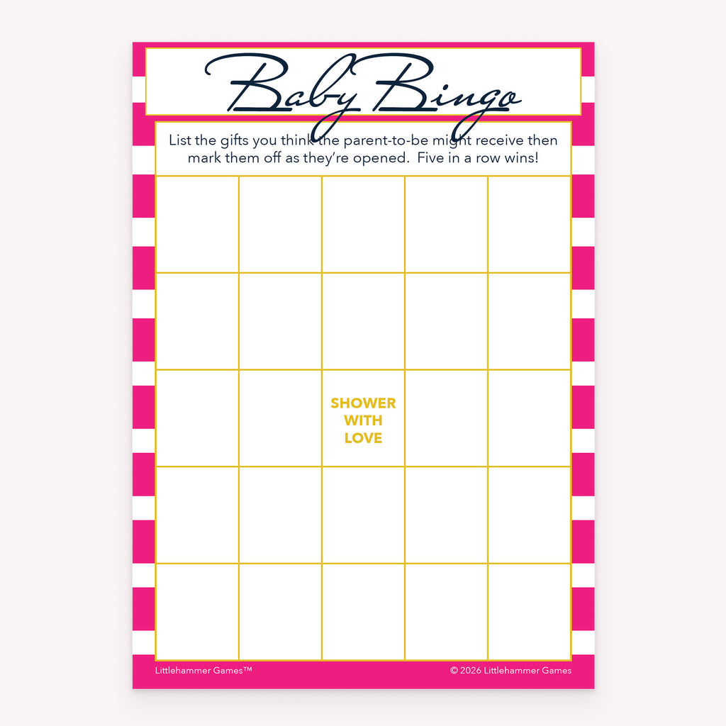 Printable baby shower Baby Gift Bingo card in pink stripe theme